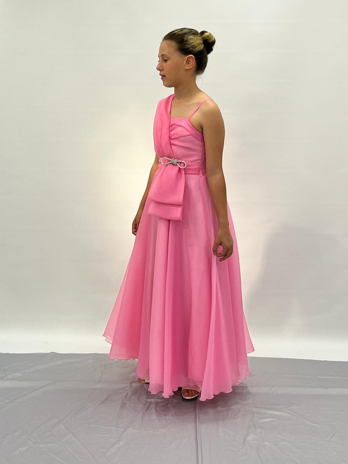 Kız Çocuk Abiye Pembe Şifon Taş Kordon Detaylı Abiye Elbise 10-15 Yaş