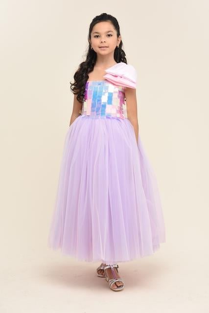 Kız Çocuk Askılı Tek Omuz Kurdele Detaylı Uzun Payetli Tüllü Abiye 6-10 Yaş