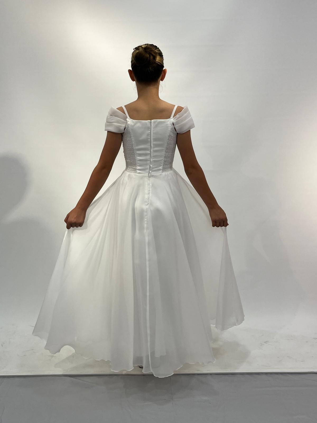 Kız Çocuk Abiye Krem Askılı Uzun Şifon Kolları Çıkabilen Drape Yaka Abiye Elbise 10-15 Yaş