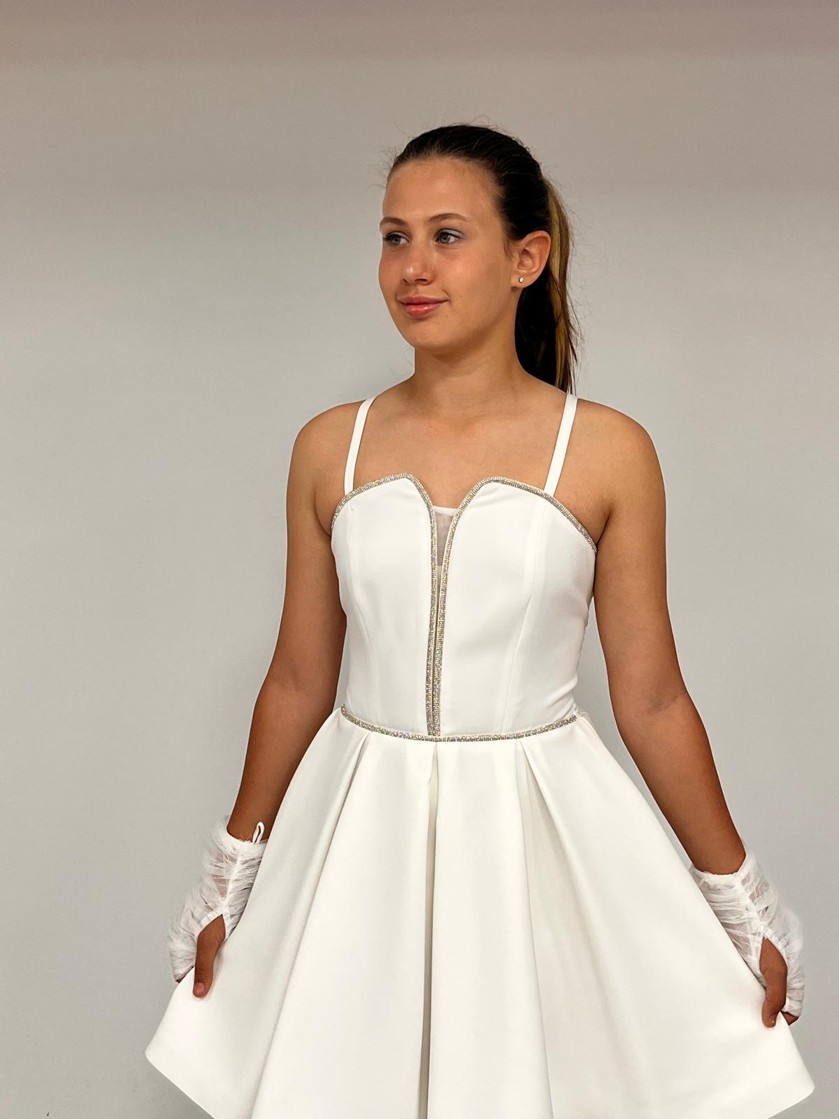 Kız Çocuk Abiye Ekru Krep Kumaş  Askılı Kordon Taş Detaylı İllüzyon YakaTül Eldivenli  Abiye Elbise 10-15 Yaş