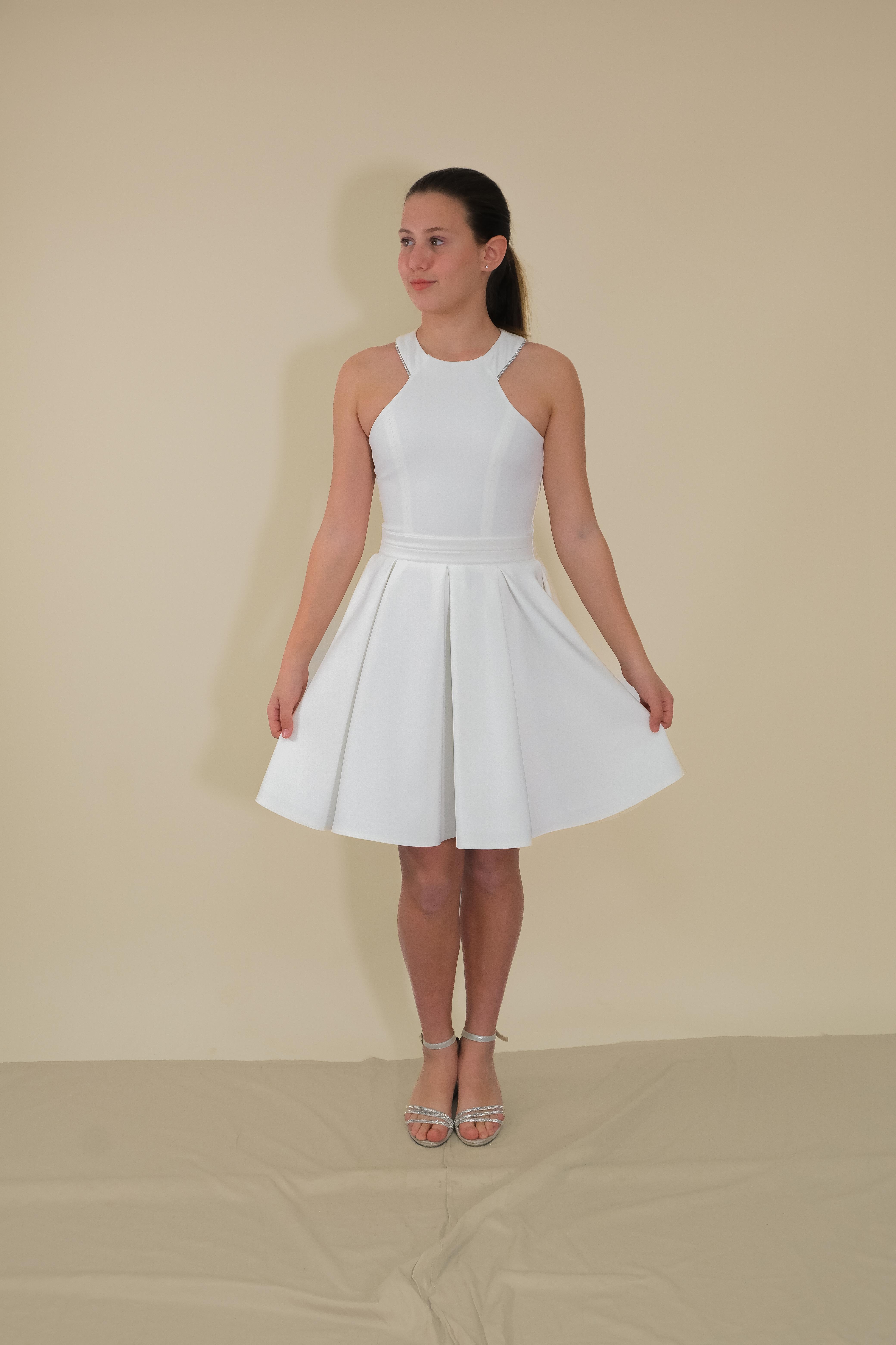 Kız Çocuk Abiye Krem Krep Kumaş Halter Yaka Sırt Fiyonk Şerit Taş Detaylı Abiye 10-15 Yaş