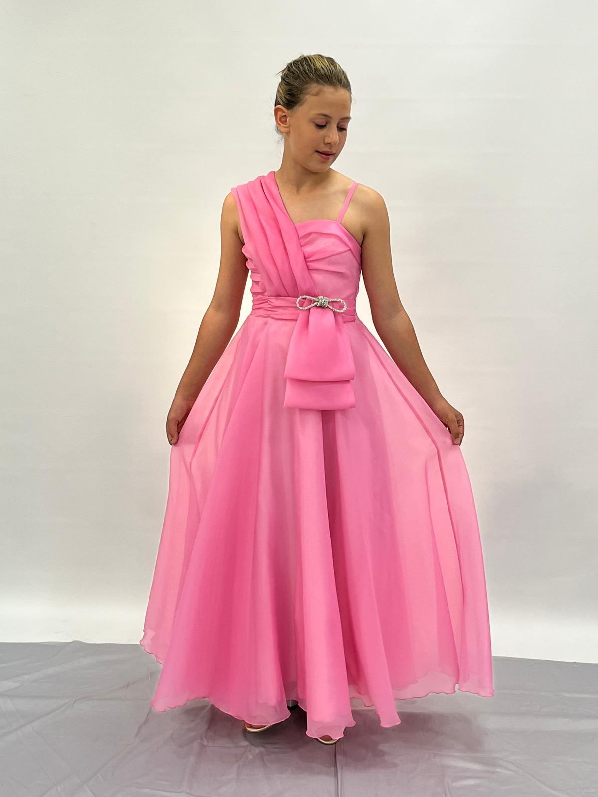 Kız Çocuk Abiye Pembe Şifon Taş Kordon Detaylı Abiye Elbise 10-15 Yaş