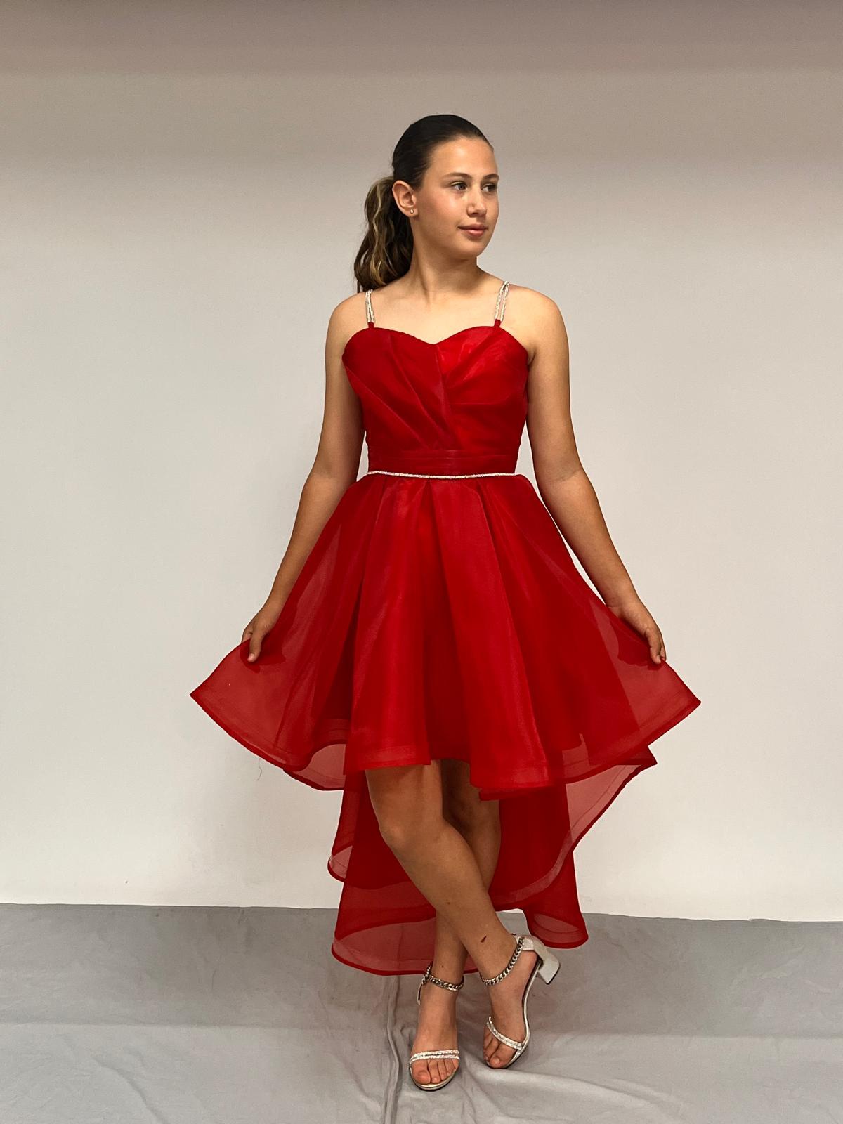 Kız Çocuk Abiye KırmızıTaş Kordon Askılı Kalp Yaka  Kuyruklu  Şifon Abiye Elbise 10-15 Yaş