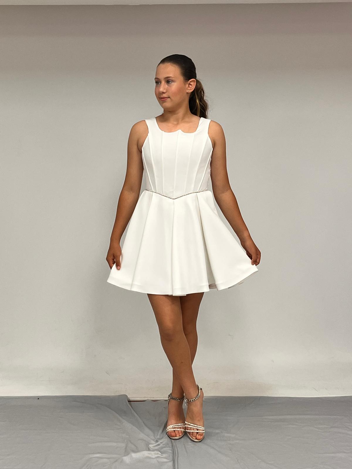 Kız Çocuk Abiye Krem Krep Kısa Bel İnce  Şerit Taş Detaylı Taş  Kısa Abiye Elbise 10-15 Yaş