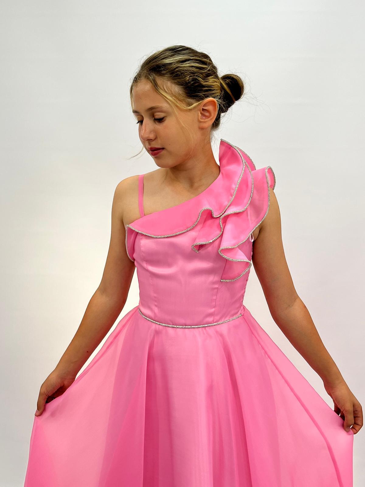 Kız Çocuk Abiye Pembe Uzun Tül Omuz Detaylı Abiye Elbise 10-15 Yaş