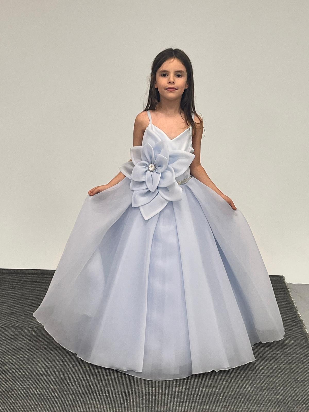 Kız Çocuk Abiye Büyük Çiçekli Taş Detaylı Kasnaklı Mavi Çocuk Gelinlik 2-11 Yaş