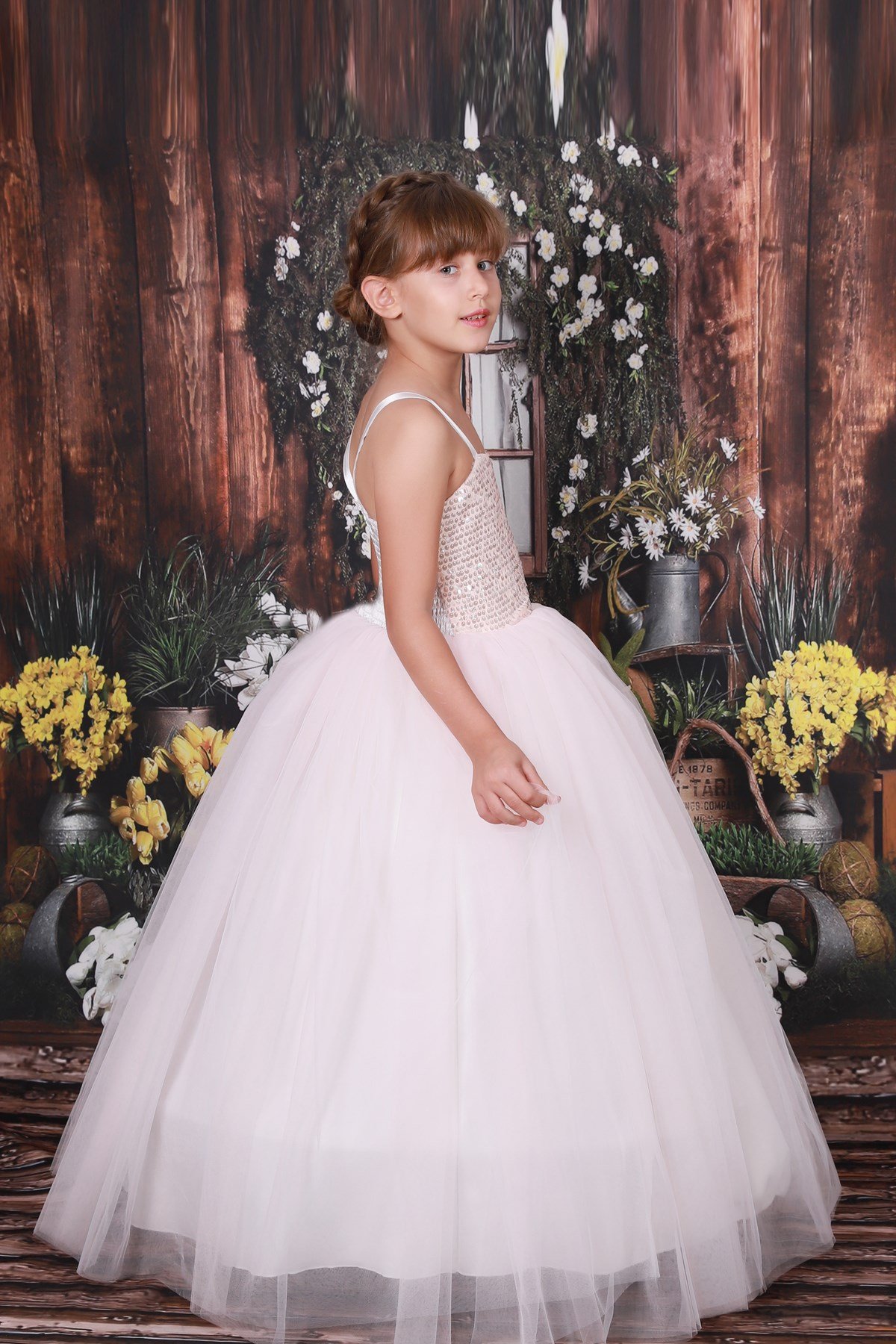 Kız Çocuk Özel Tasarım Kasnaklı Kabarık Abiye Gelinlik 