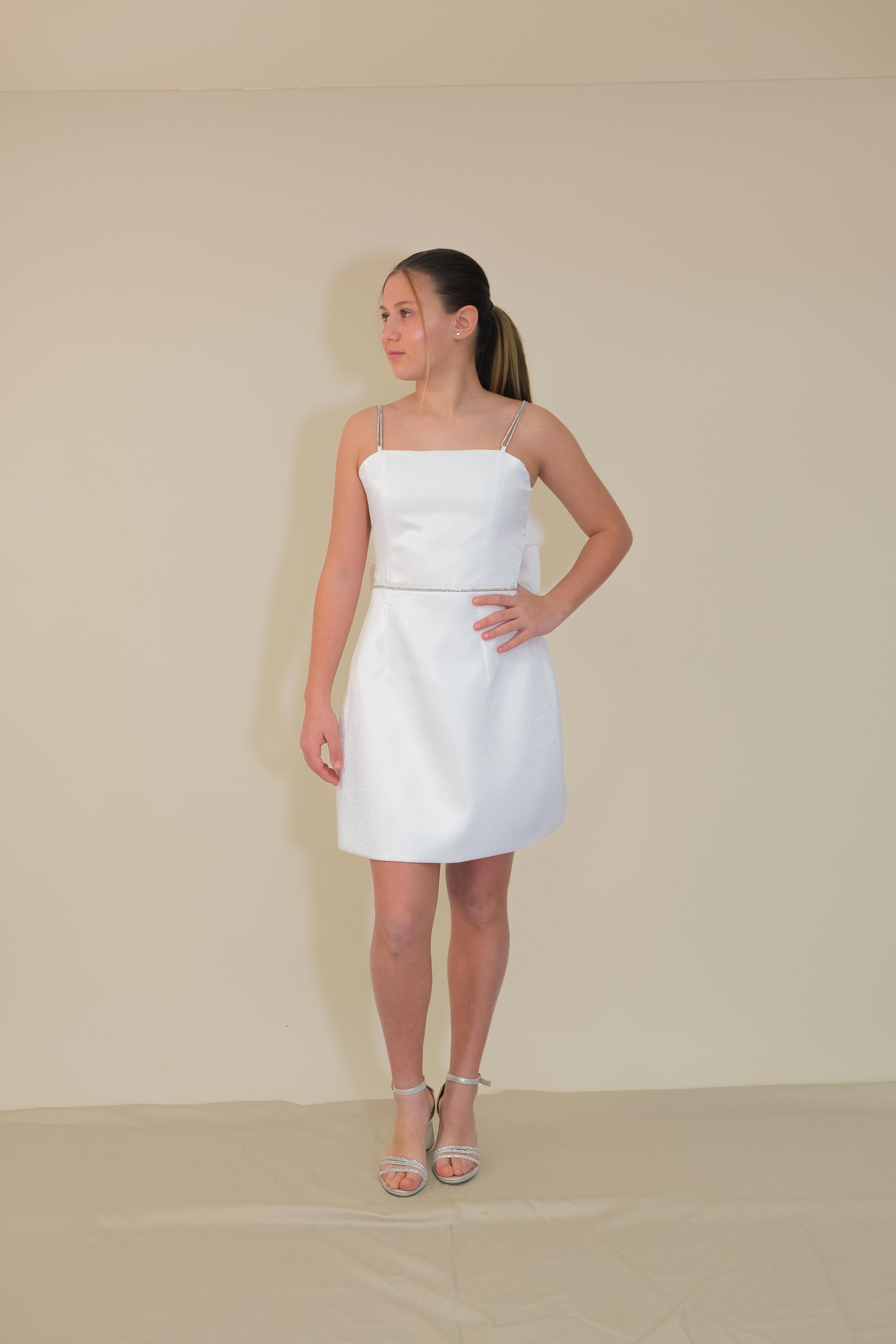 Kız Çocuk Abiye Kordon Taş Askılı Sunsihe Kumaş Krem Mini Çan Elbise 10-15 Yaş