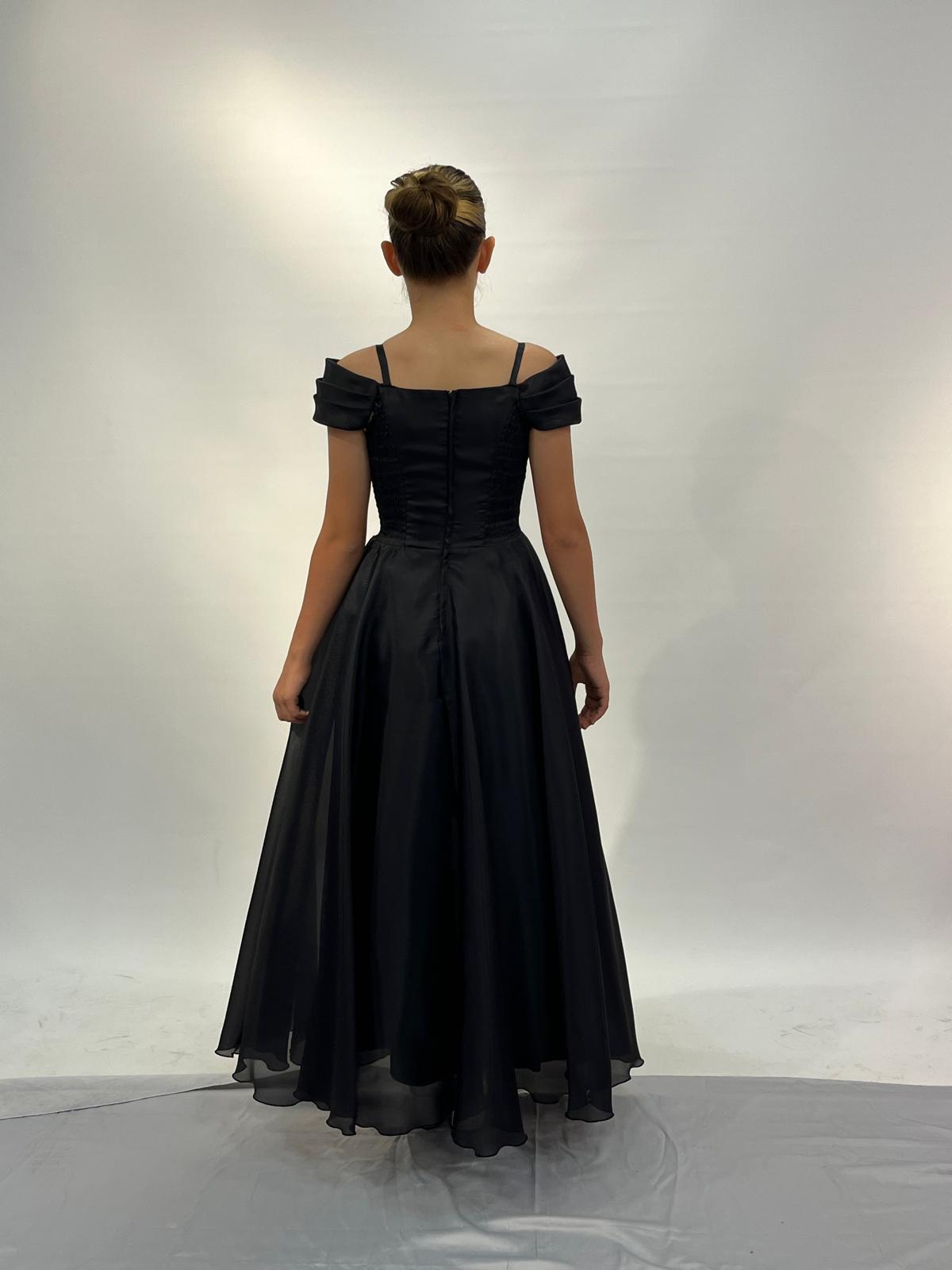 Kız Çocuk Abiye Siyah Askılı  Uzun Şifon Kolları Çıkabilen Drape Yaka  Abiye Elbise 10-15 Yaş