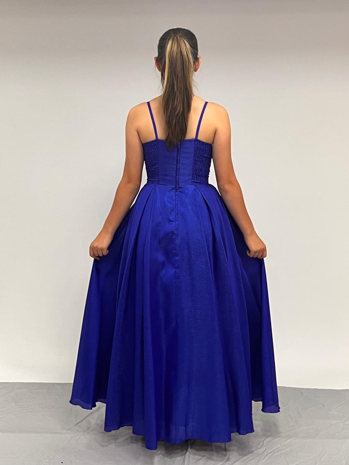 Kız Çocuk Abiye Saks Mavi Tafta Uzun Pül  Payet İşlemeli Biyeli Korseli Abiye Elbise 10-15 Yaş