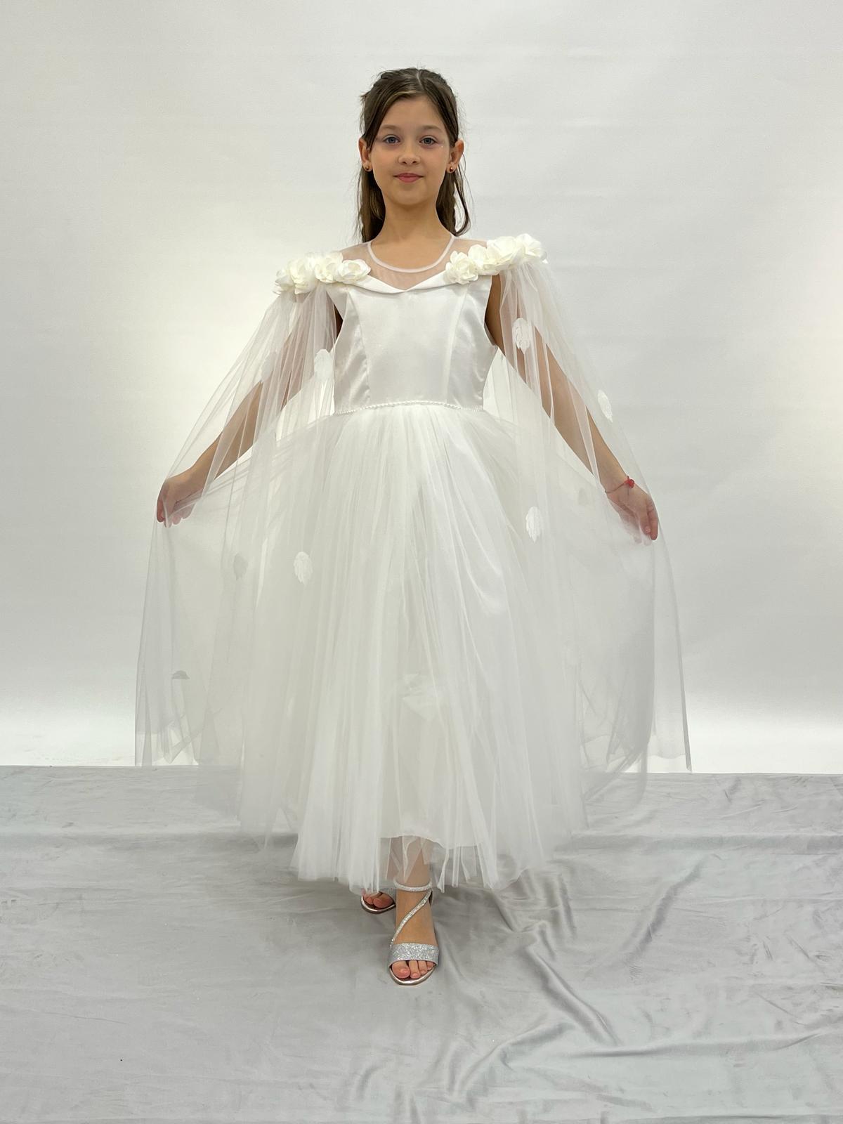 Kız Çocuk Abiye Beyaz Uzun Tüllü Pelerinli Yakası Çiçekli Abiye 6-14 Yaş