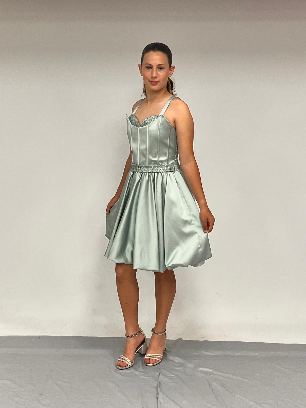 Kız Çocuk Askılı Mini ÇağlaYeşili Pileli Payet Detaylı Kısa Balon Etek Abiye Elbise 10-15 Yaş