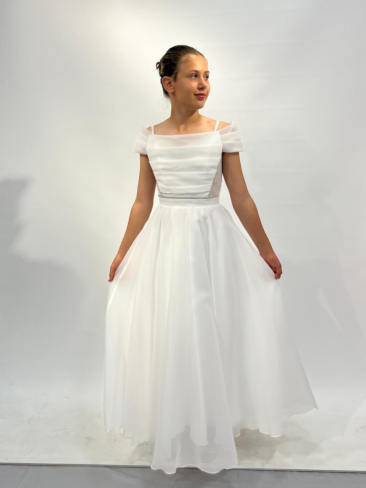 Kız Çocuk Abiye Krem Askılı Uzun Şifon Kolları Çıkabilen Drape Yaka Abiye Elbise 10-15 Yaş