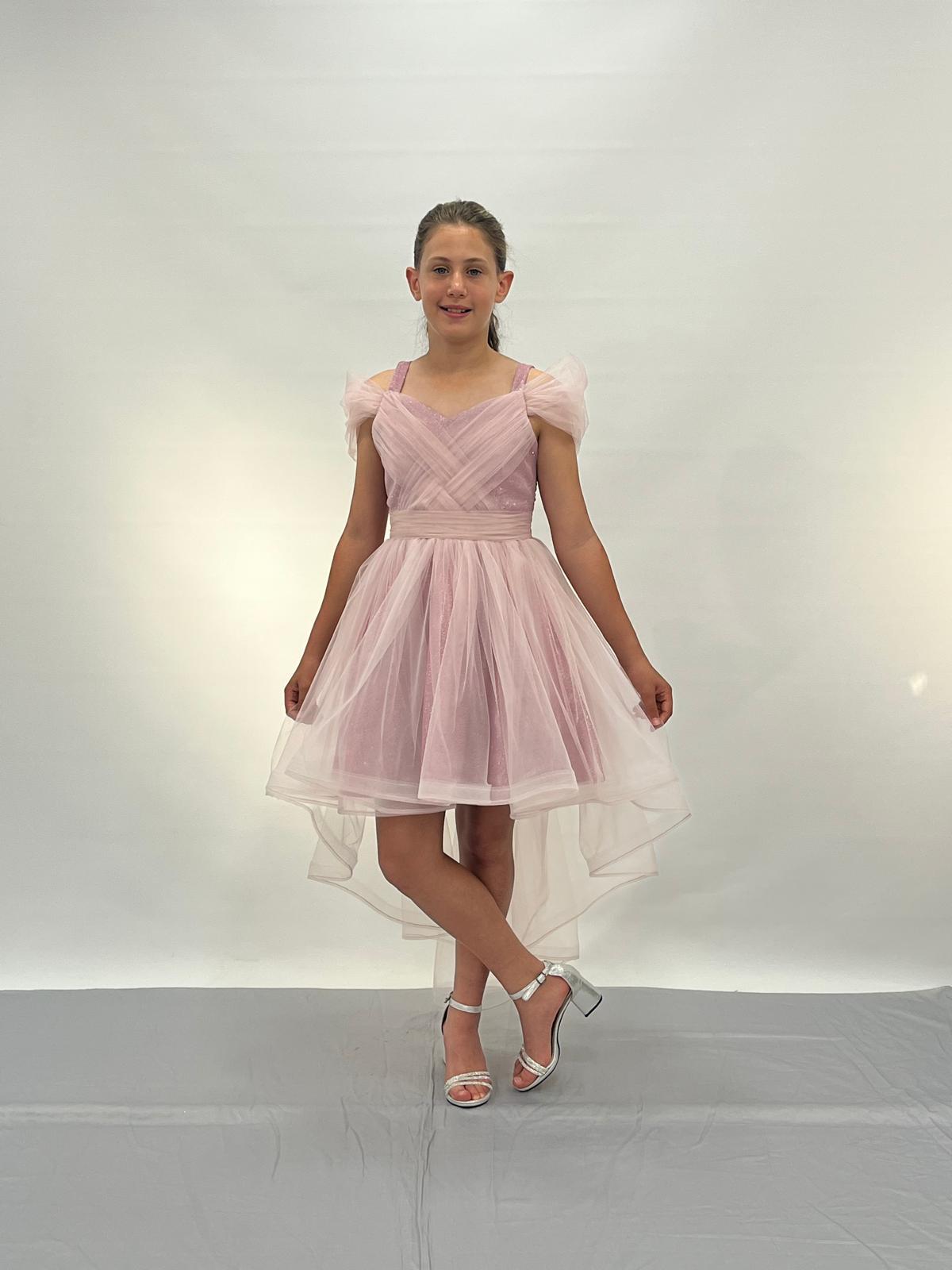 Kız Çocuk Abiye Pudra Askılı Düşük Kollu Kuyruklu Abiye Elbise 10-14 Yaş Yaş