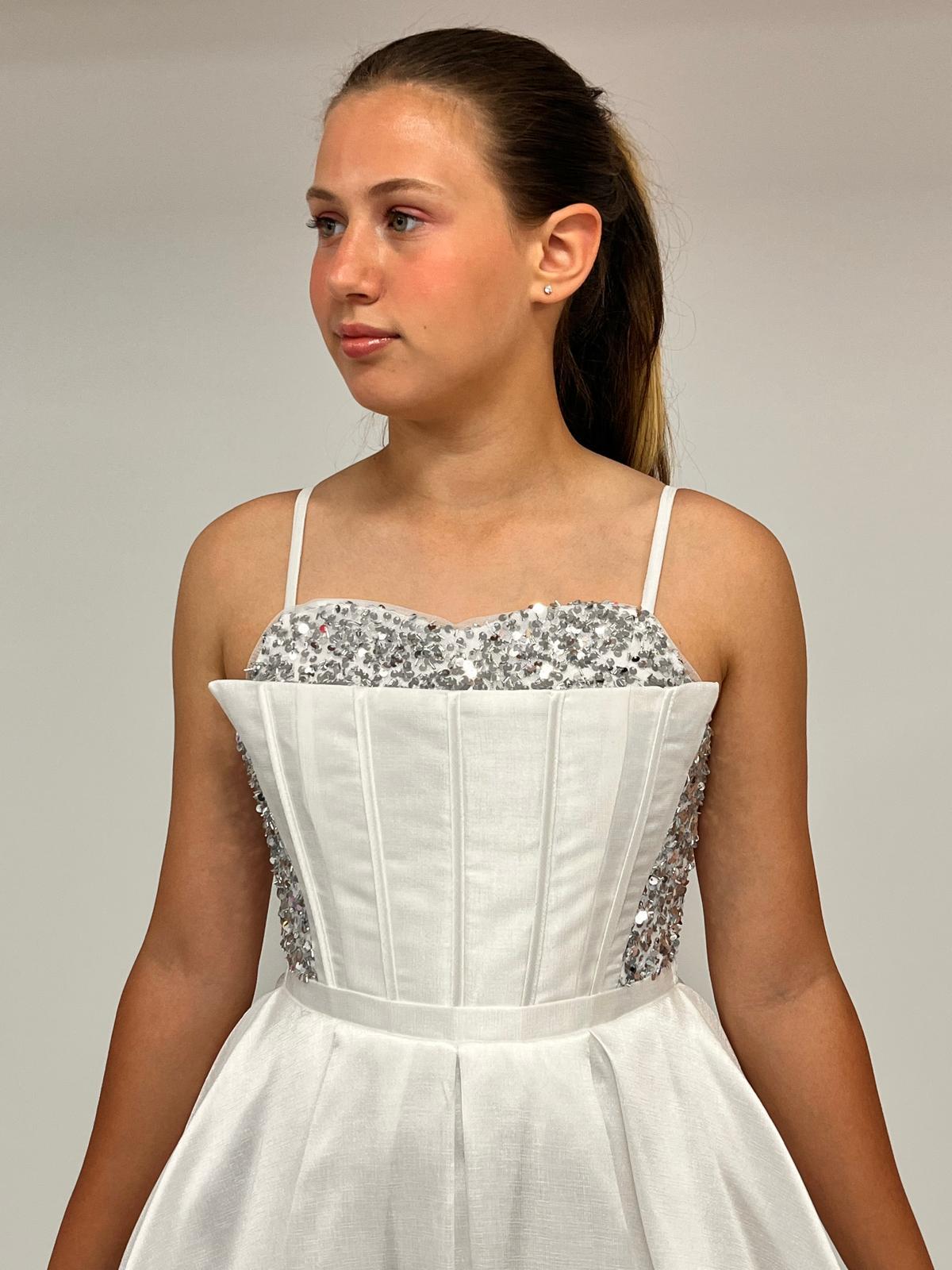 Kız Çocuk Abiye Krem Tafta Uzun Pül  Payet İşlemeli Biyeli Korseli Abiye Elbise 10-15 Yaş