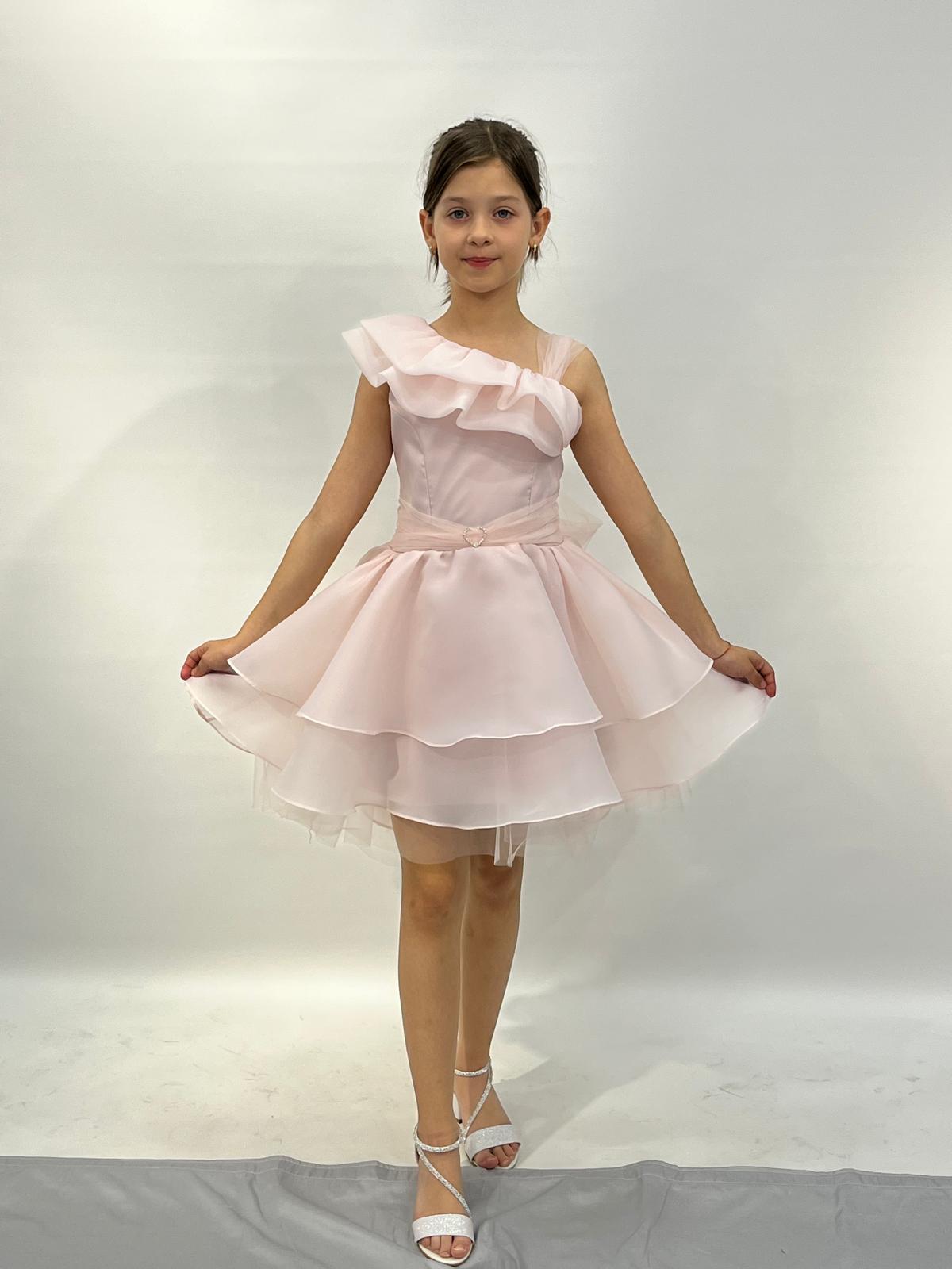 Kız Çocuk Abiye Pudra Kalp Tokalı Tek Omuz Detaylı Abiye Elbise 6-10 Yaş