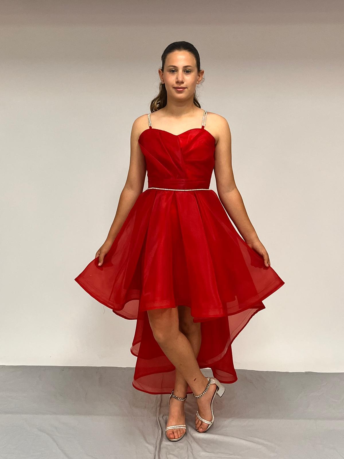 Kız Çocuk Abiye KırmızıTaş Kordon Askılı Kalp Yaka  Kuyruklu  Şifon Abiye Elbise 10-15 Yaş