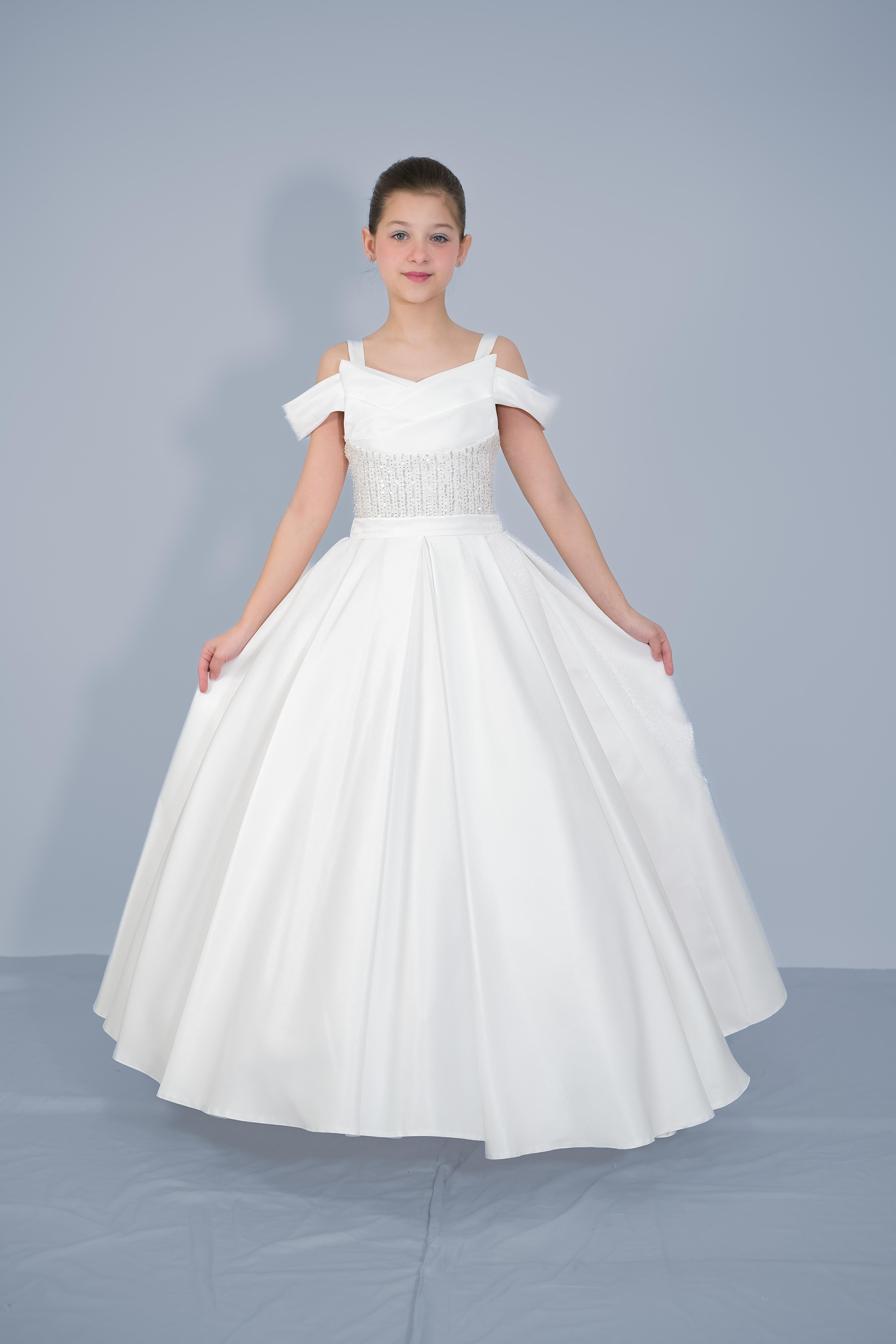 Kız Çocuk Abiye Krem Askılı Düşük Omuzlu Payetli  Sunsihe Kumaş Kasnaklı Gelinlik 2-11 Yaş