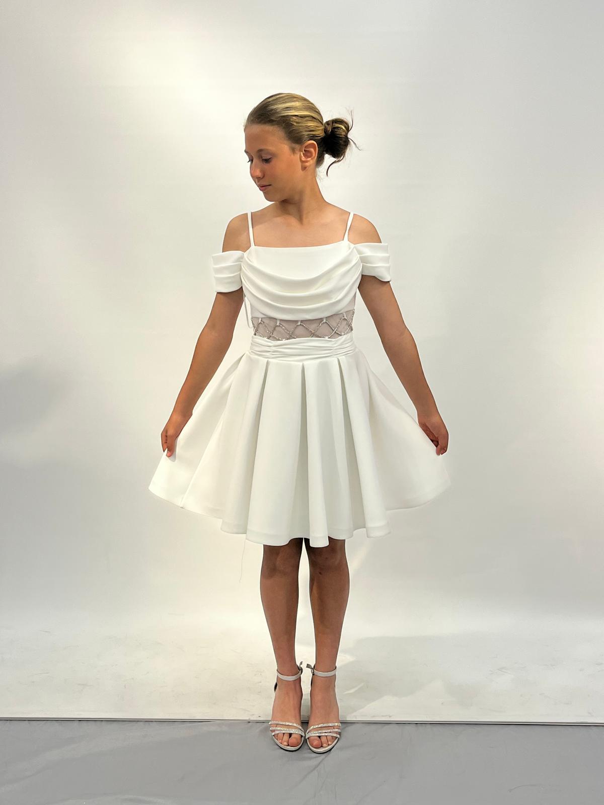 Kız Çocuk Abiye Krem Beli Tül Detaylı Kordonlu Kısa Krep Abiye Elbise 10-15 Yaş