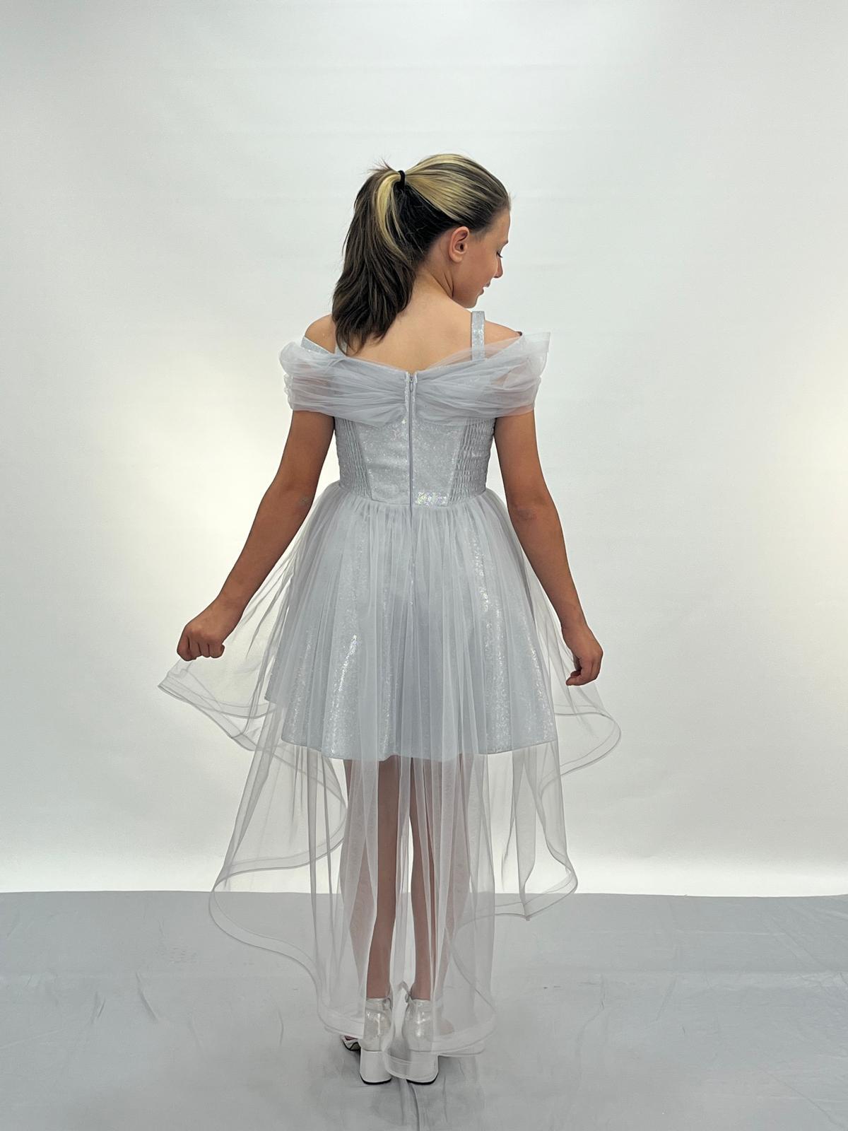 Kız Çocuk Abiye Gri Askılı Düşük Kollu Kuyruklu Abiye Elbise 10-14 Yaş