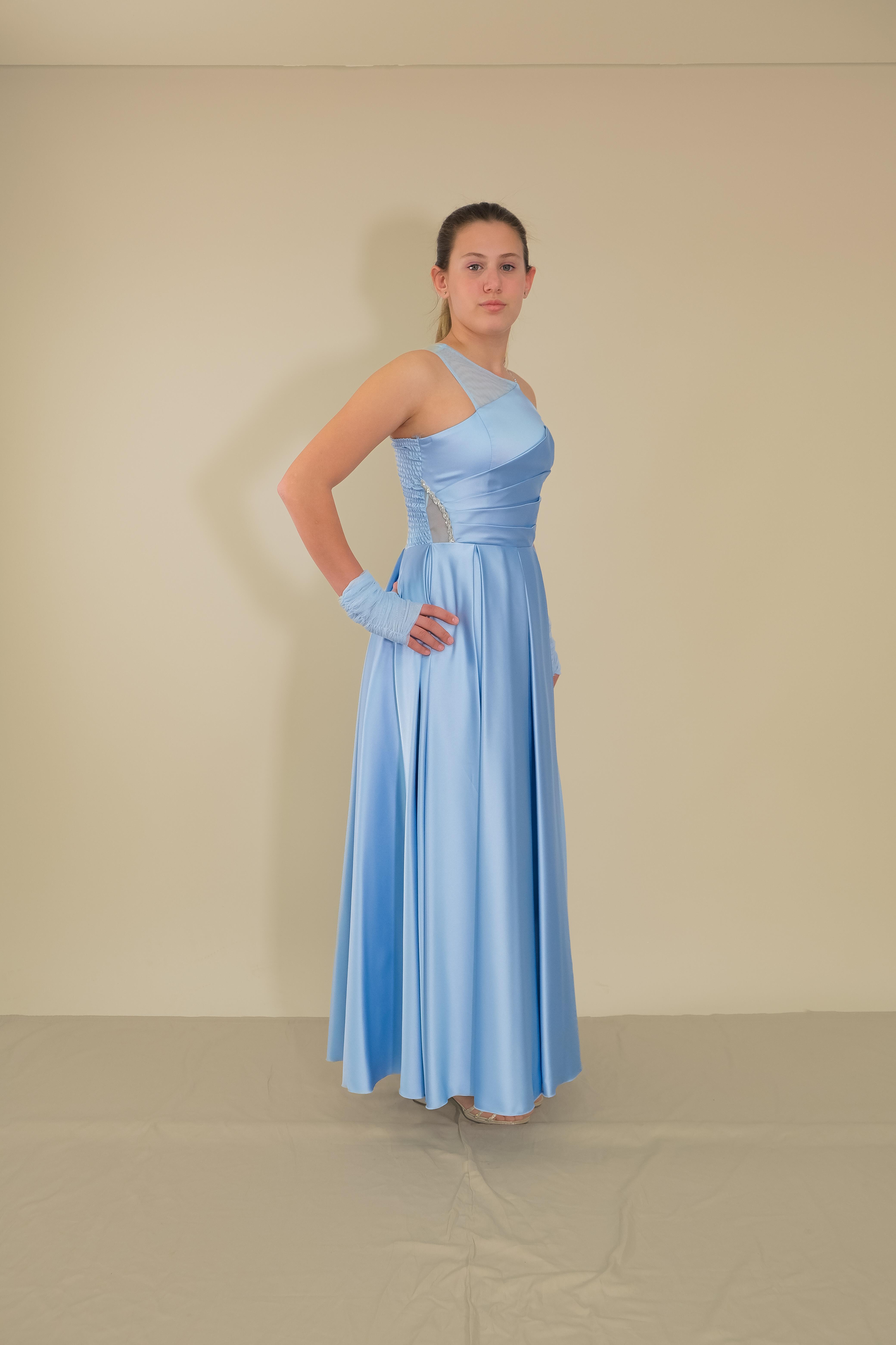 Kız Çocuk Abiye Bebe Mavi Uzun Saten  Asimetrik Yaka Örgü Taş Askı Tül Eldivenli Abiye Elbise 10-15 Yaş