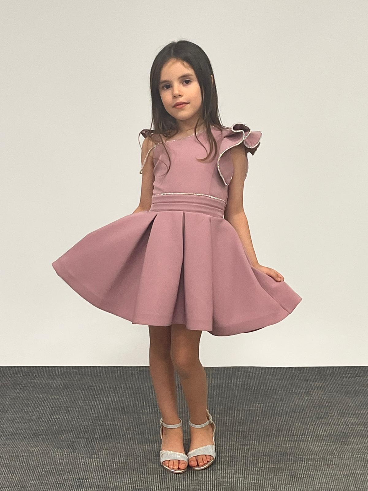 Kız Çocuk Abiye Lila Kısa Omuz Detaylı Krep Kumaş Abiye Elbise 5-10 Yaş