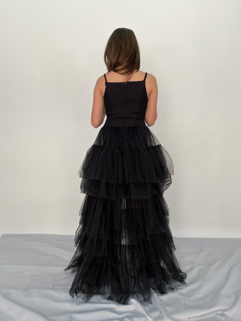 Kız Askılı Siyah Zincir Detaylı Kat Etekli Kuyruklu Abiye 10-15 Yaş
