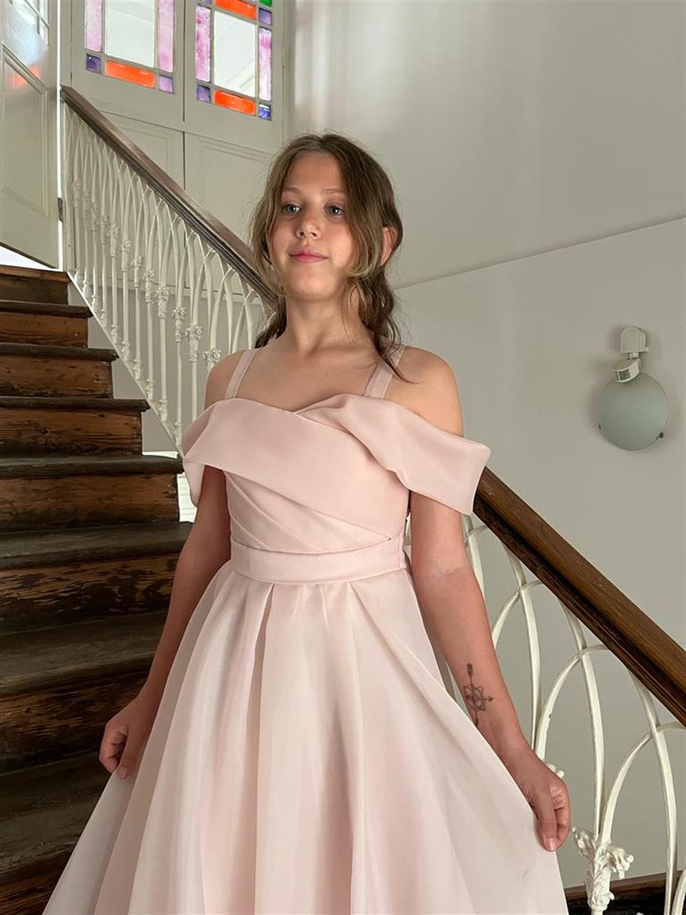 Kız Uzun Pudra Askılı Şifon Abiye 10-14 Yaş 