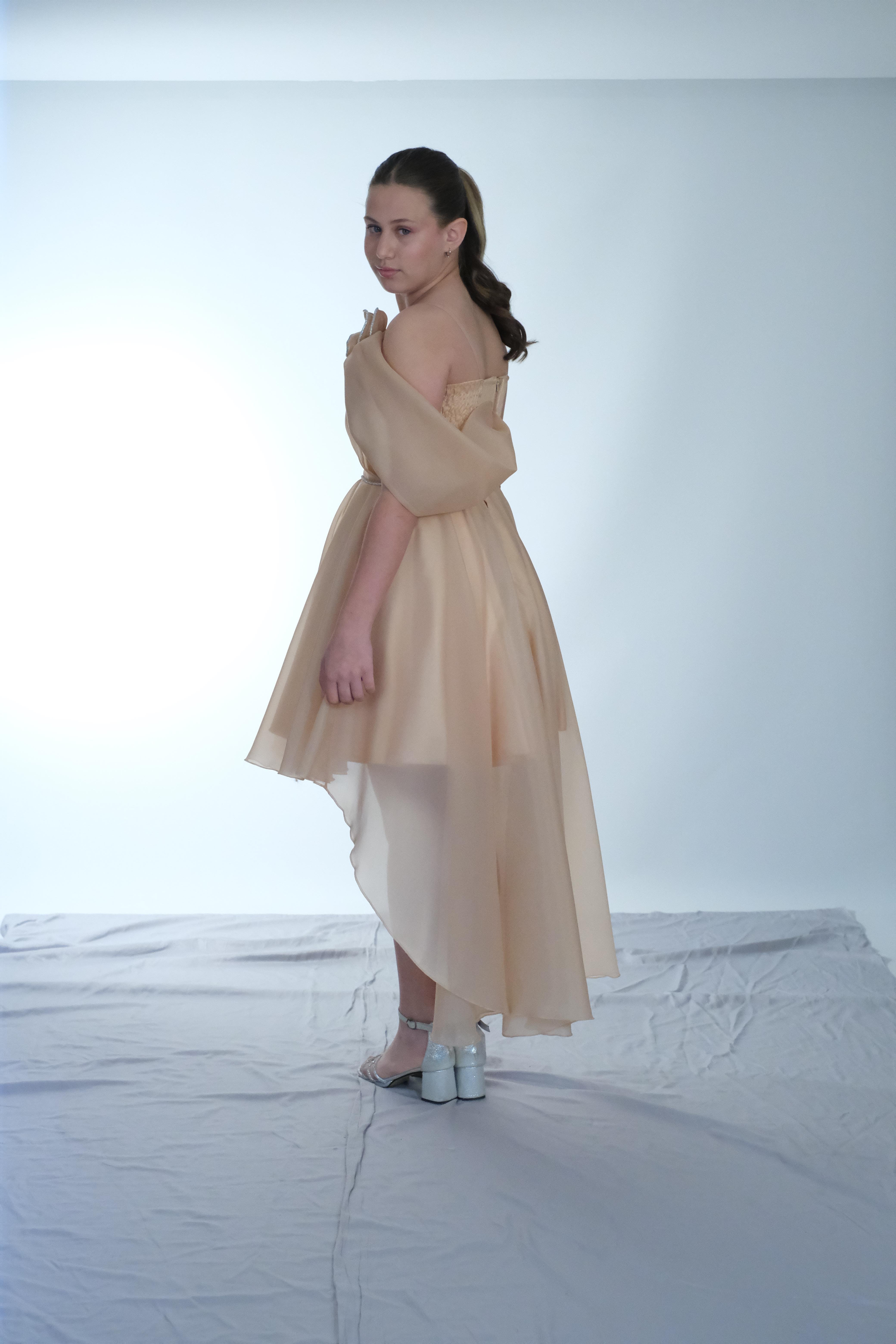 Kız Çocuk Abiye Askılı SoğanKabuğu Tek Omuz Gül Detaylı Kuyruklu Şifon  Abiye Elbise 10-15 Yaş