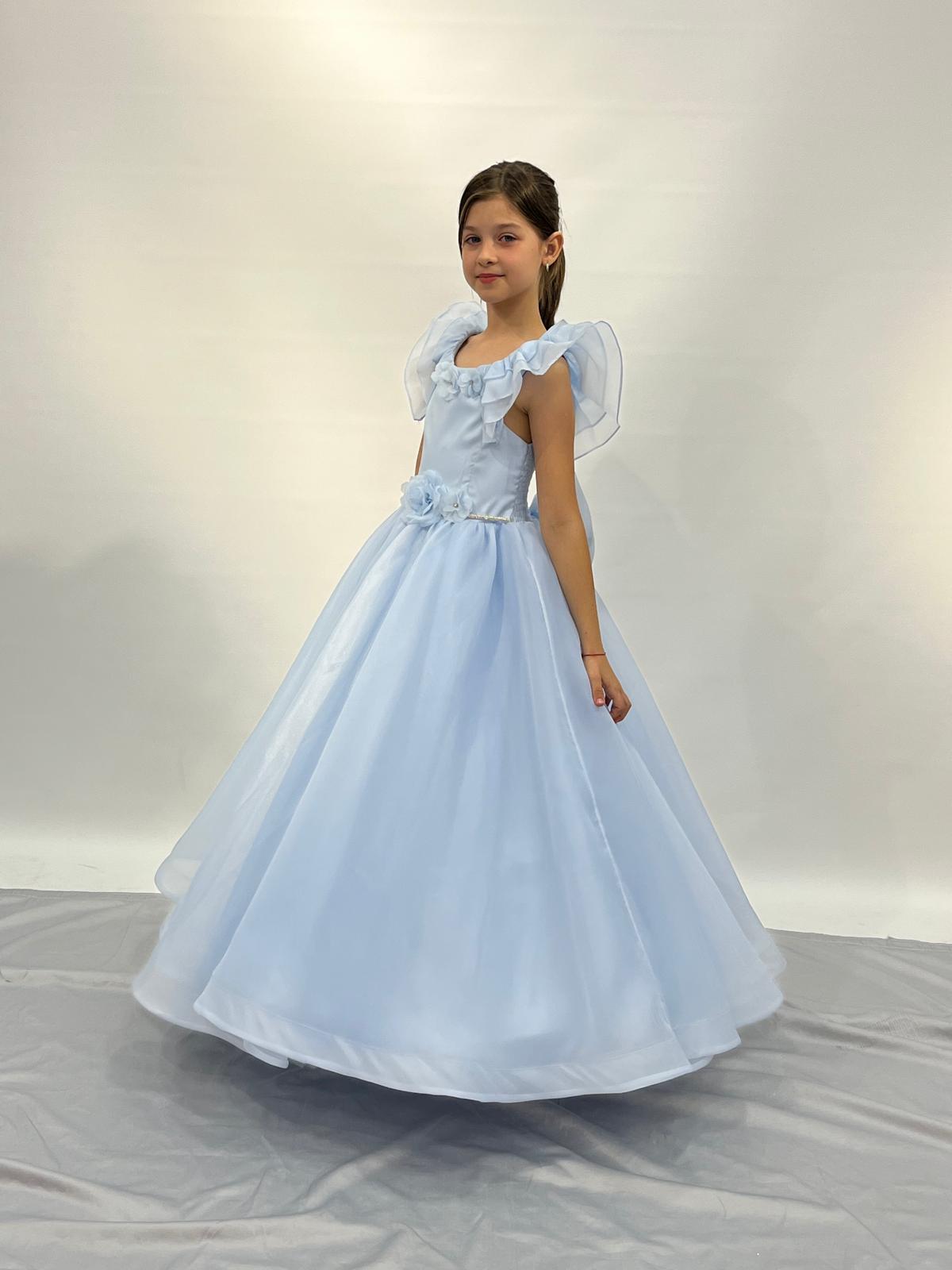 Kız Çocuk Abiye Mavi Kolları Fırfırlı Kasnaklı Gelinlik 2-11 Yaş