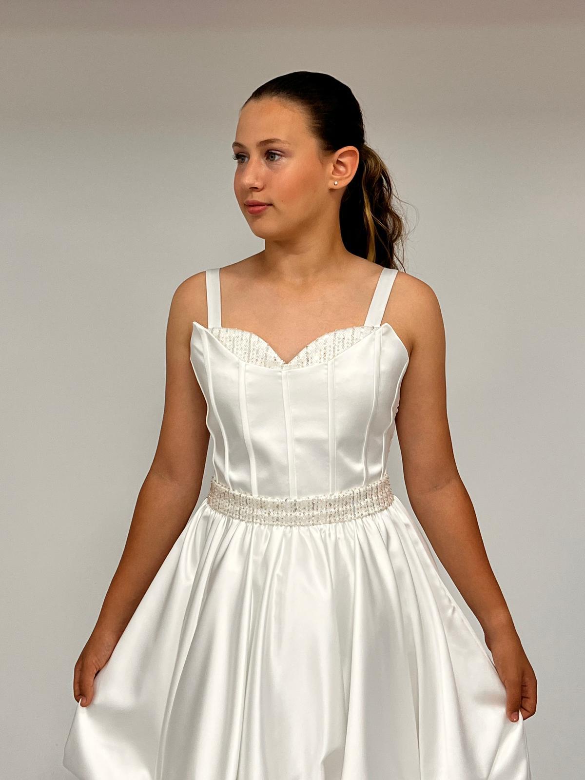 Kız Çocuk Askılı Mini Krem Pileli Payet Detaylı Kısa Balon Etek Abiye Elbise 10-15 Yaş