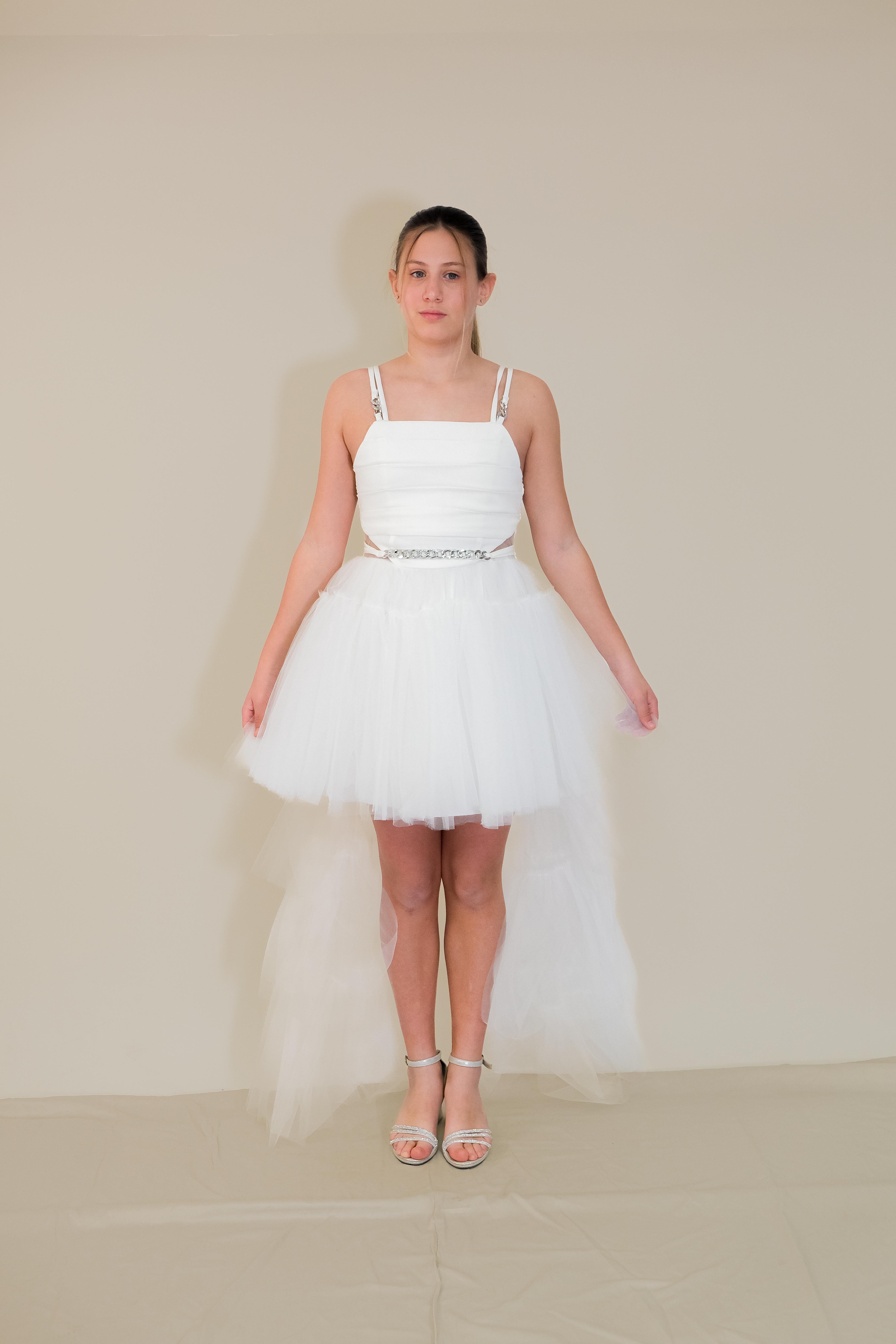 Kız Askılı Beyaz Zincir Detaylı Kat Etekli Kuyruklu Abiye 10-15 Yaş