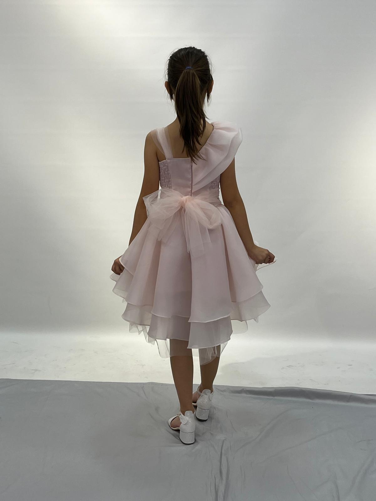 Kız Çocuk Abiye Pudra Kalp Tokalı Tek Omuz Detaylı Abiye Elbise 6-10 Yaş