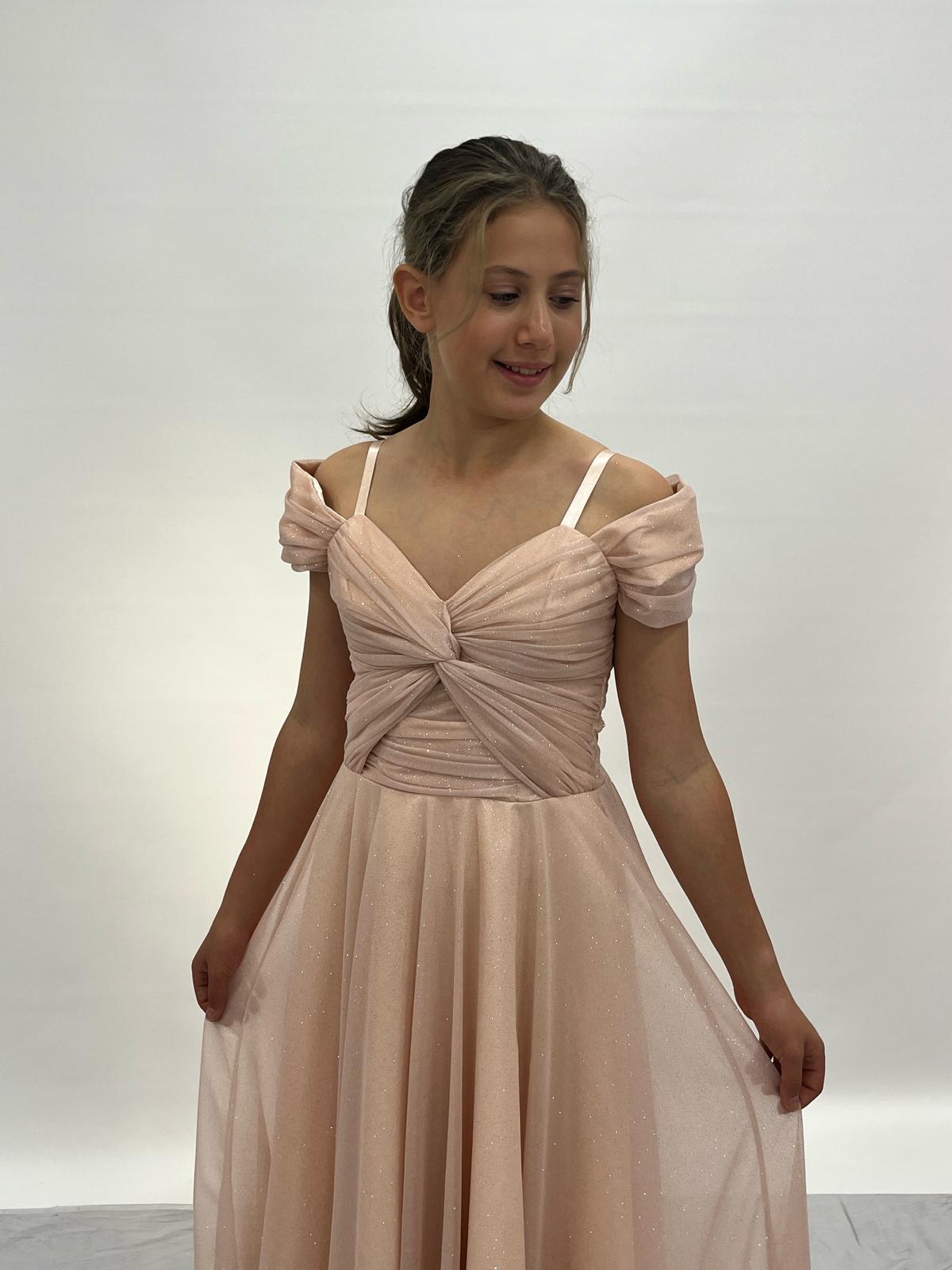 Kız Çocuk Pudra Askılı Omuz Detaylı Pırıltılı Tüllü Uzun Abiye Elbise 10-15 Yaş