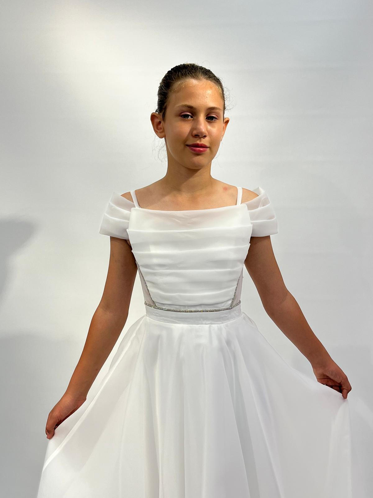 Kız Çocuk Abiye Krem Askılı Uzun Şifon Kolları Çıkabilen Drape Yaka Abiye Elbise 10-15 Yaş