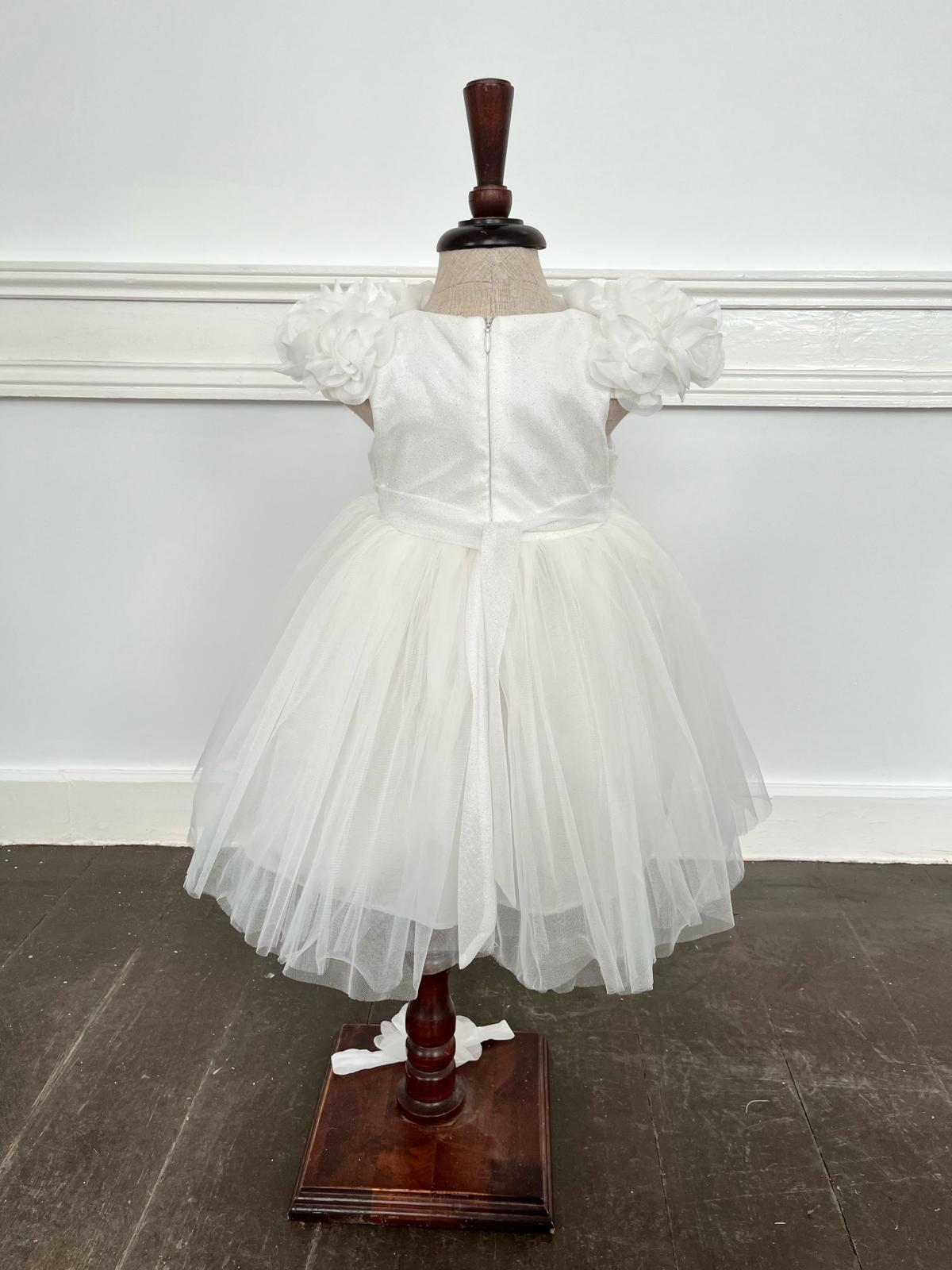 Kız Çocuk Ekru Yakası Gül Çiçekli Bandanalı Kısa Tüllü Abiye 9-36 Ay