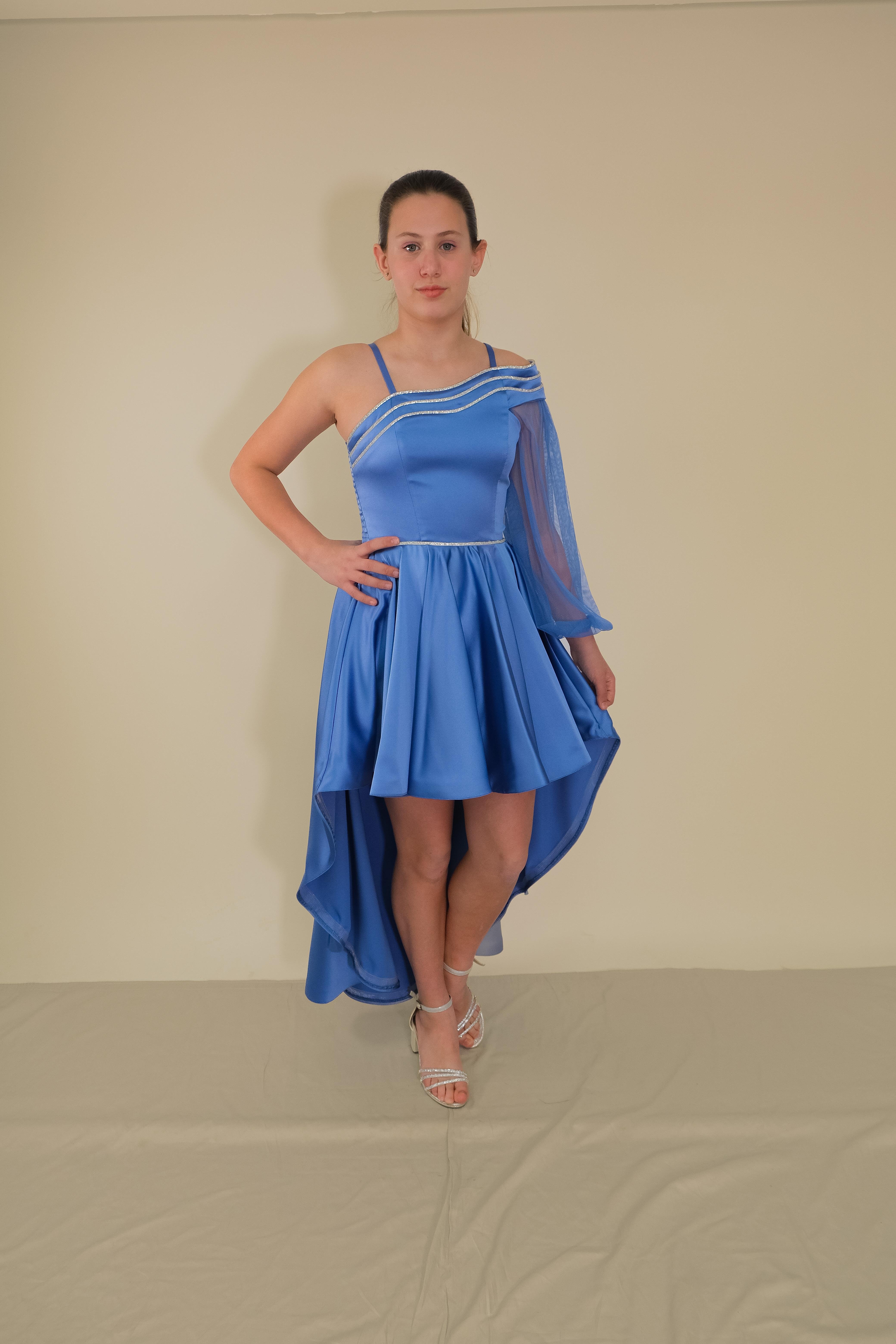 Kız Çocuk Abiye İndigo Saten Kuyruklu Yaka Şerit Taşlı Tek Kol Çıkabilen Tül Abiye Elbise 10-15 Yaş