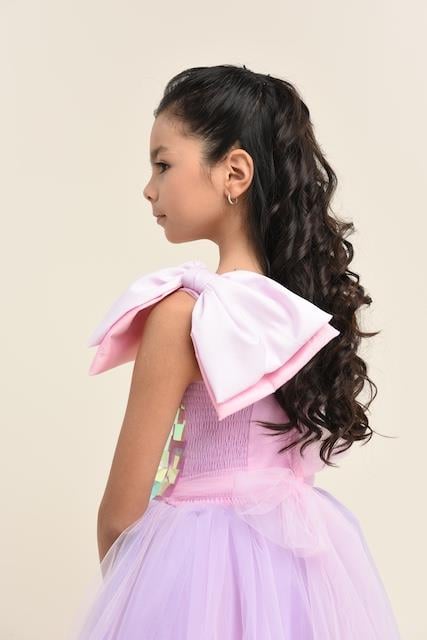 Kız Çocuk Askılı Tek Omuz Kurdele Detaylı Uzun Payetli Tüllü Abiye 6-10 Yaş