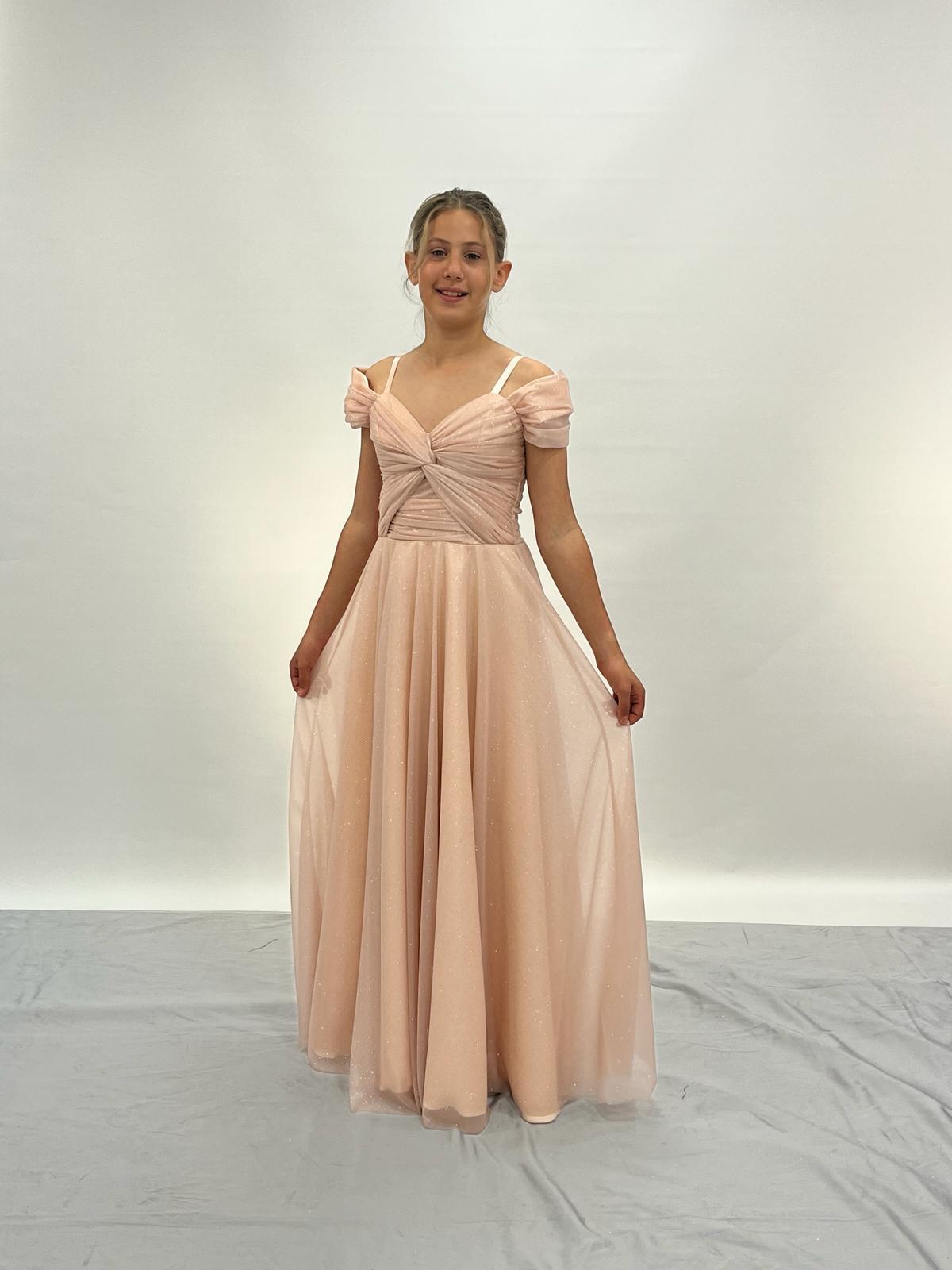 Kız Çocuk Pudra Askılı Omuz Detaylı Pırıltılı Tüllü Uzun Abiye Elbise 10-15 Yaş