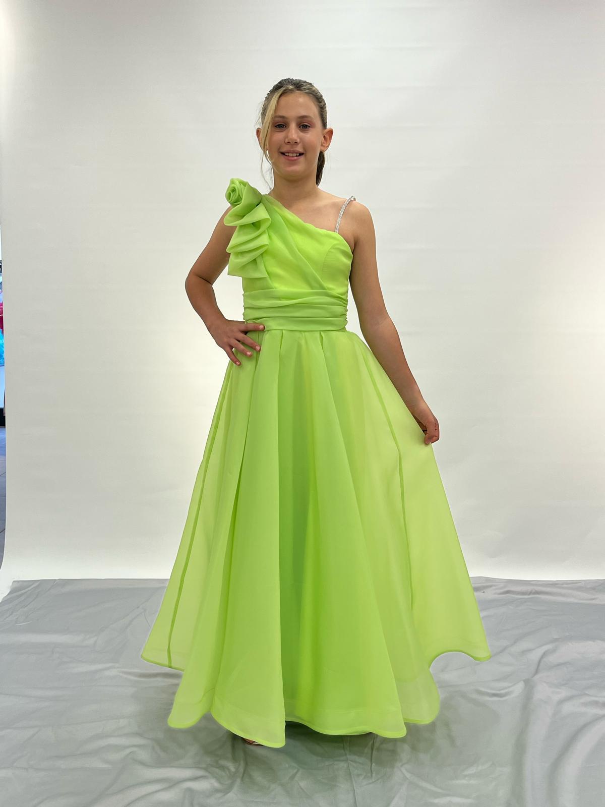 Kız Çocuk Abiye Fıstık Yeşili Tek Omuz Yakası Gül Detaylı Şifon Uzun Çocuk Abiye Elbise 10-14 Yaş