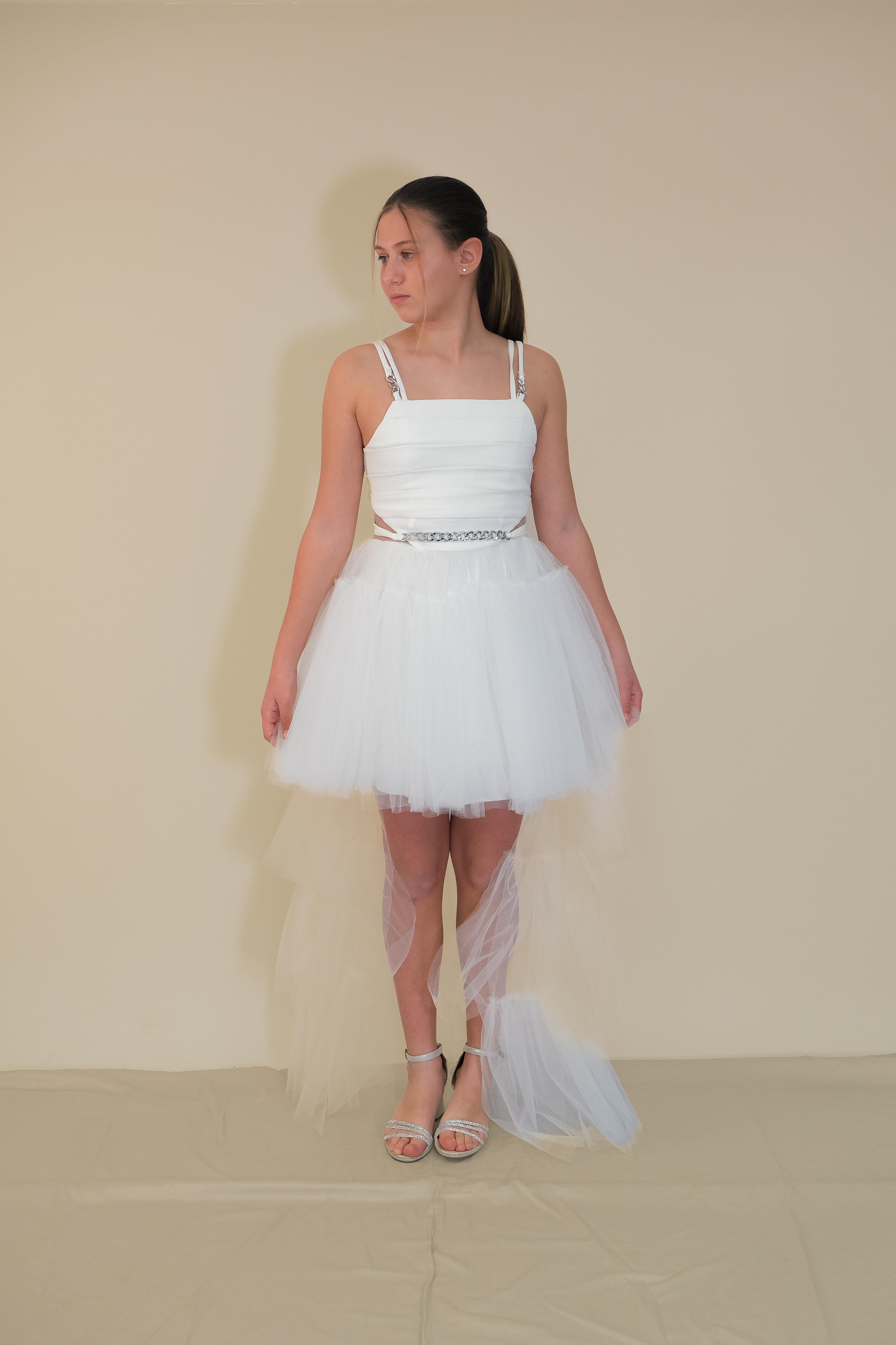 Kız Askılı Beyaz Zincir Detaylı Kat Etekli Kuyruklu Abiye 10-15 Yaş