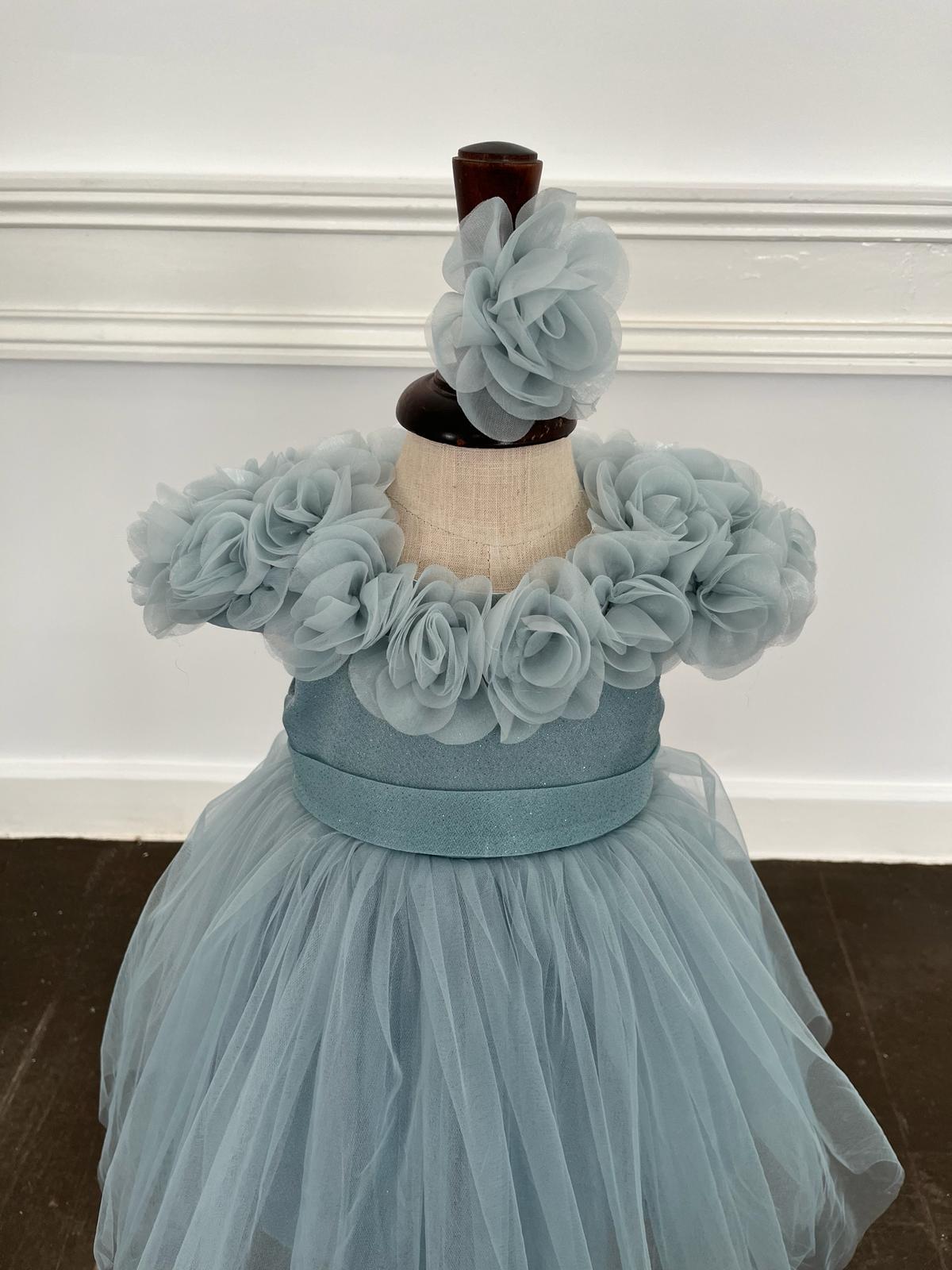 Kız Çocuk Mavi Yakası Gül Çiçekli Bandanalı Kısa Tüllü Abiye 9-36 Ay