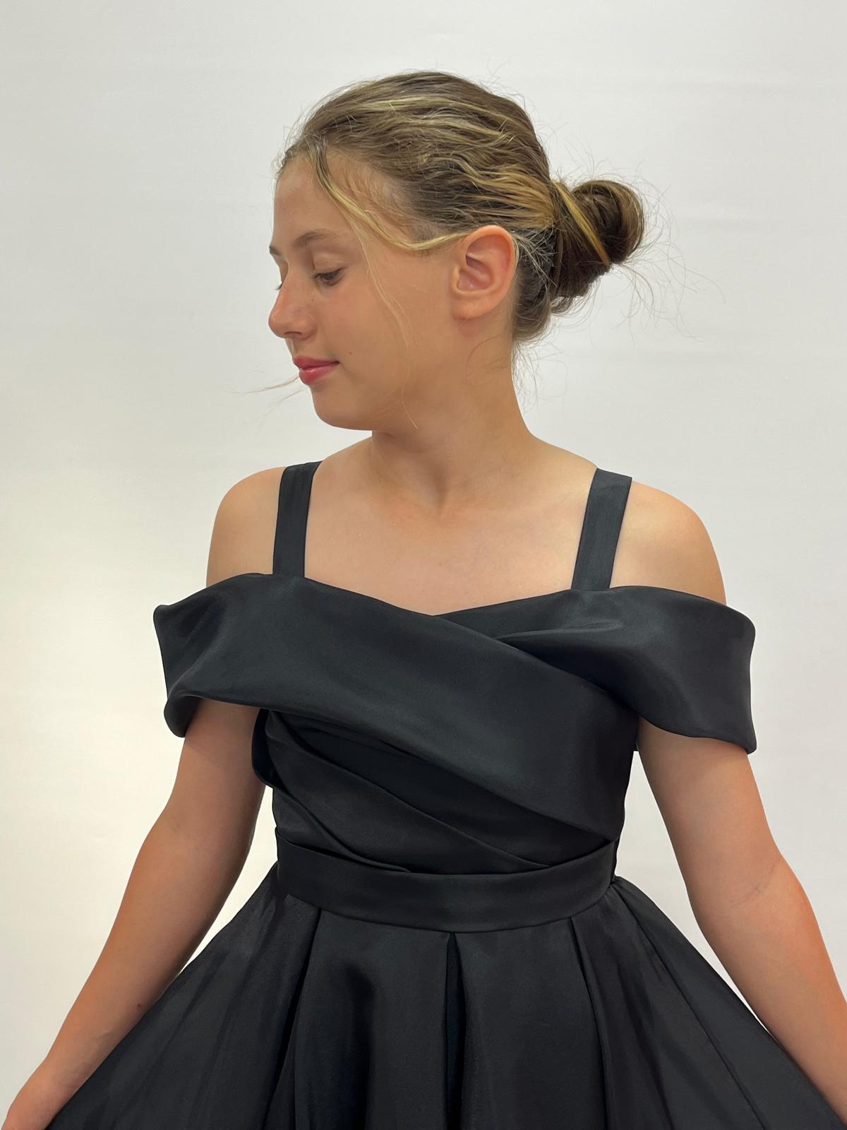 Kız Çocuk Abiye Uzun Siyah Askılı Şifon Abiye Elbise 6-14 Yaş