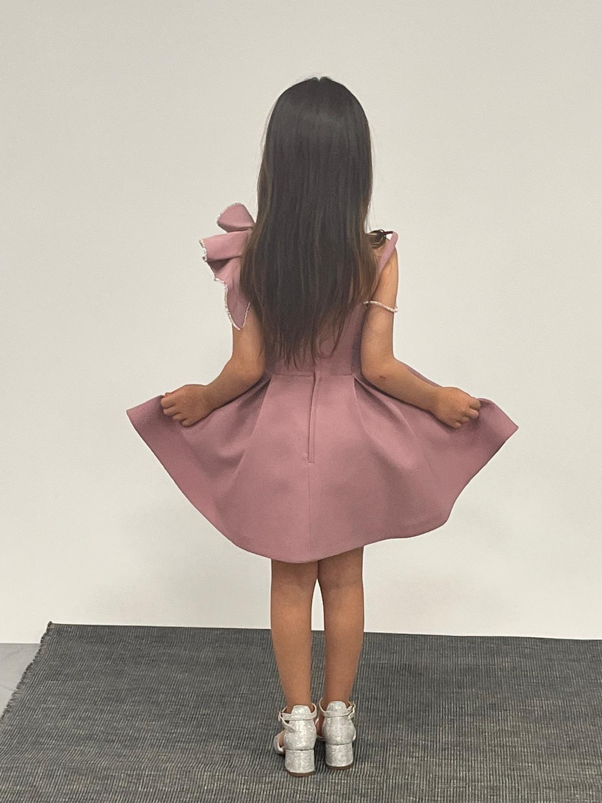 Kız Çocuk Abiye Lila Kısa Omuz Detaylı Krep Kumaş Abiye Elbise 5-10 Yaş