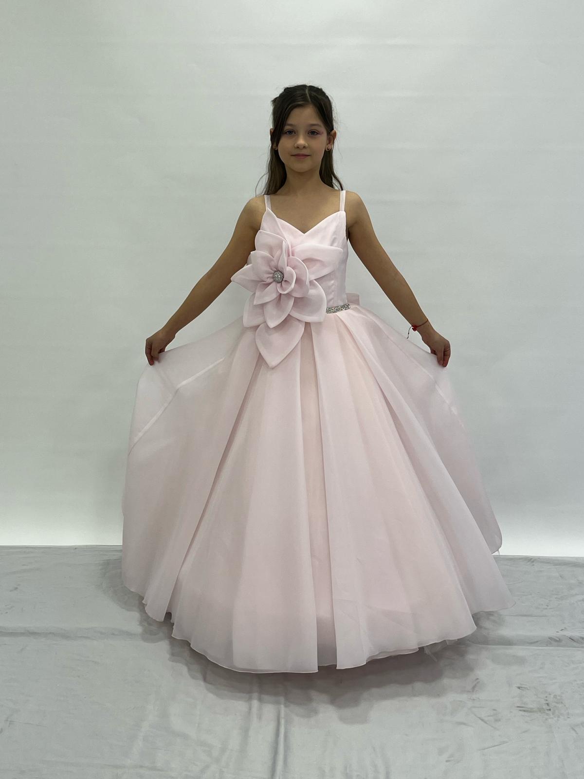 Kız Çocuk Abiye Büyük Çiçekli Taş Detaylı Kasnaklı Çocuk Gelinlik 2-11 Yaş