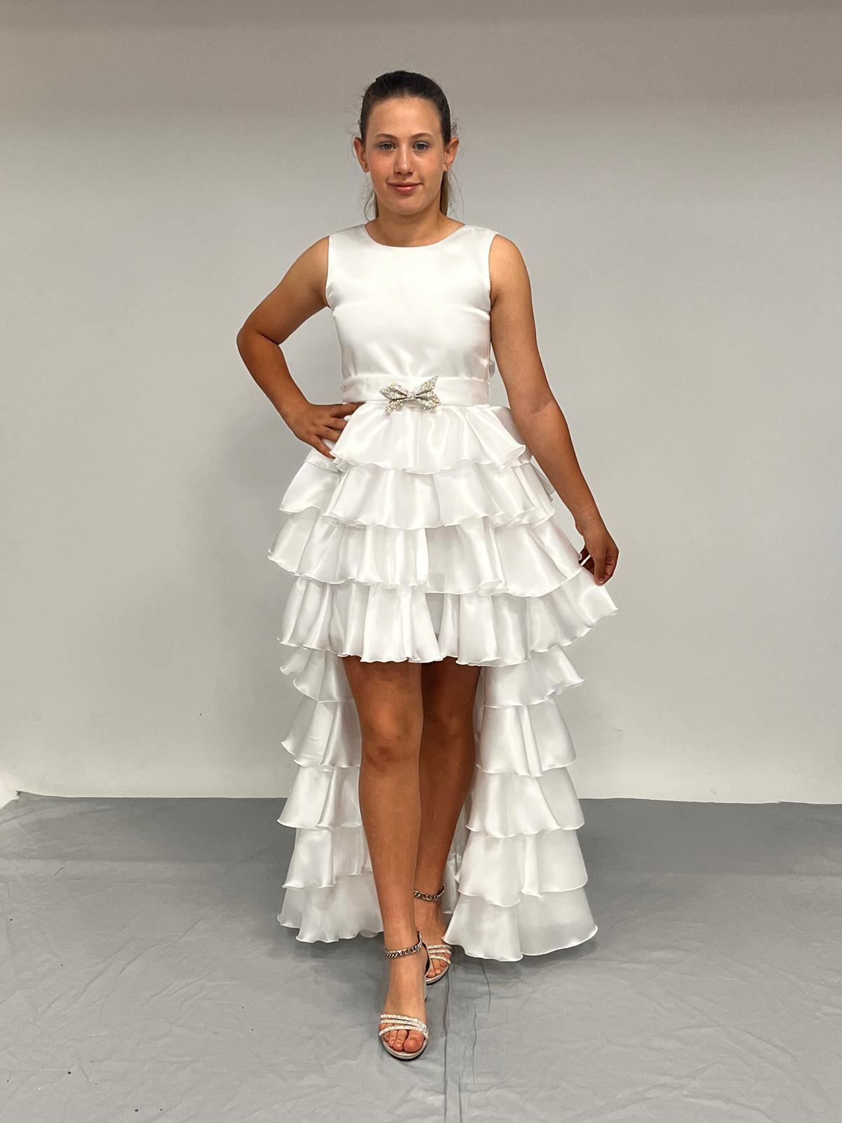 Kız Çocuk Abiye Kat Kat Kuyruklu Beyaz Saten Kuşaklı Abiye Elbise 7-15 Yaş
