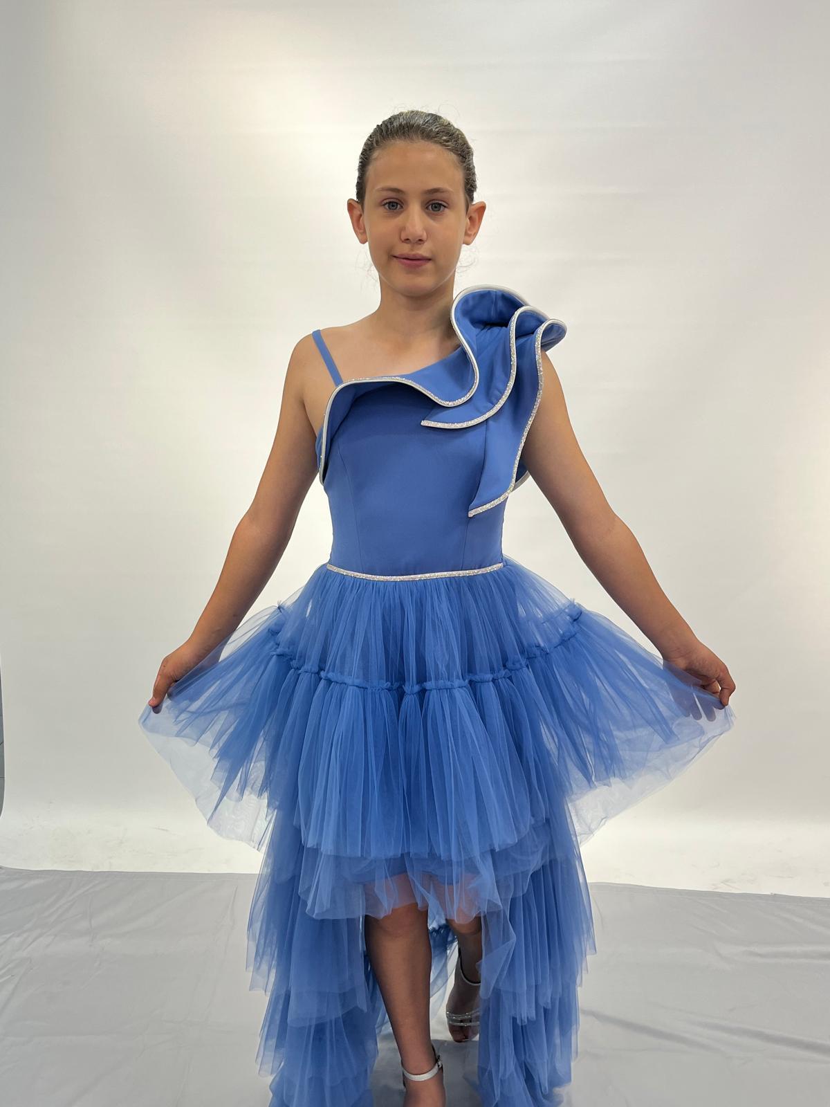 Kız Çocuk Abiye İndigo Kuyruklu Yakası Volanlı Taş İşLEMELİ Abiye Elbise 10-15 Yaş