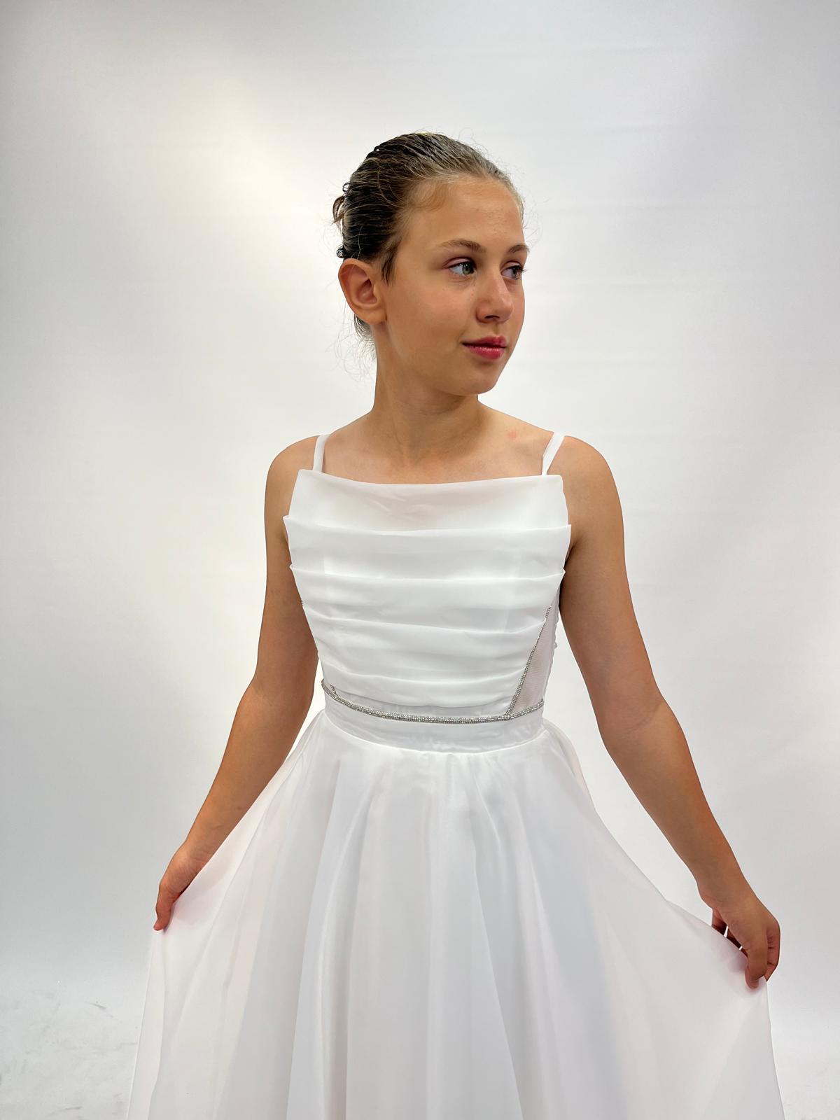 Kız Çocuk Abiye Krem Askılı Uzun Şifon Kolları Çıkabilen Drape Yaka Abiye Elbise 10-15 Yaş