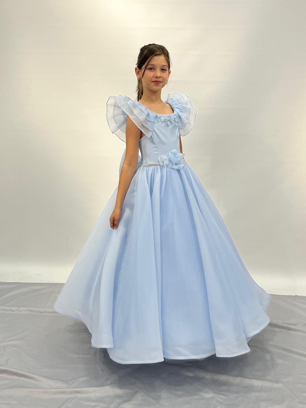 Kız Çocuk Abiye Mavi Kolları Fırfırlı Kasnaklı Gelinlik 2-11 Yaş