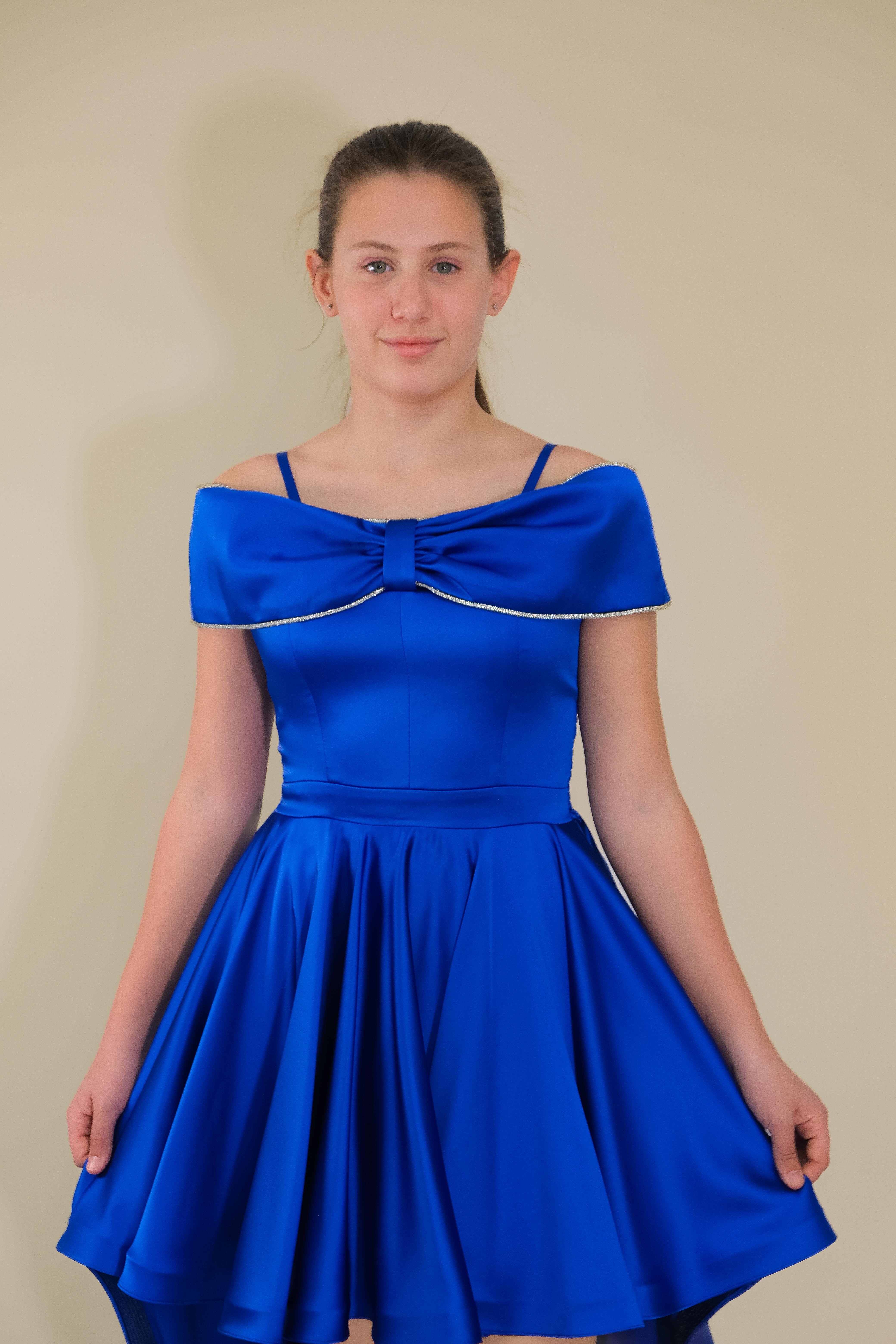 Kız Çocuk Abiye Saksmavi Saten Kurdela Yaka Düşük Omuz Askılı Önü Kısa Kuyruklu Abiye Elbise 10-15 Yaş